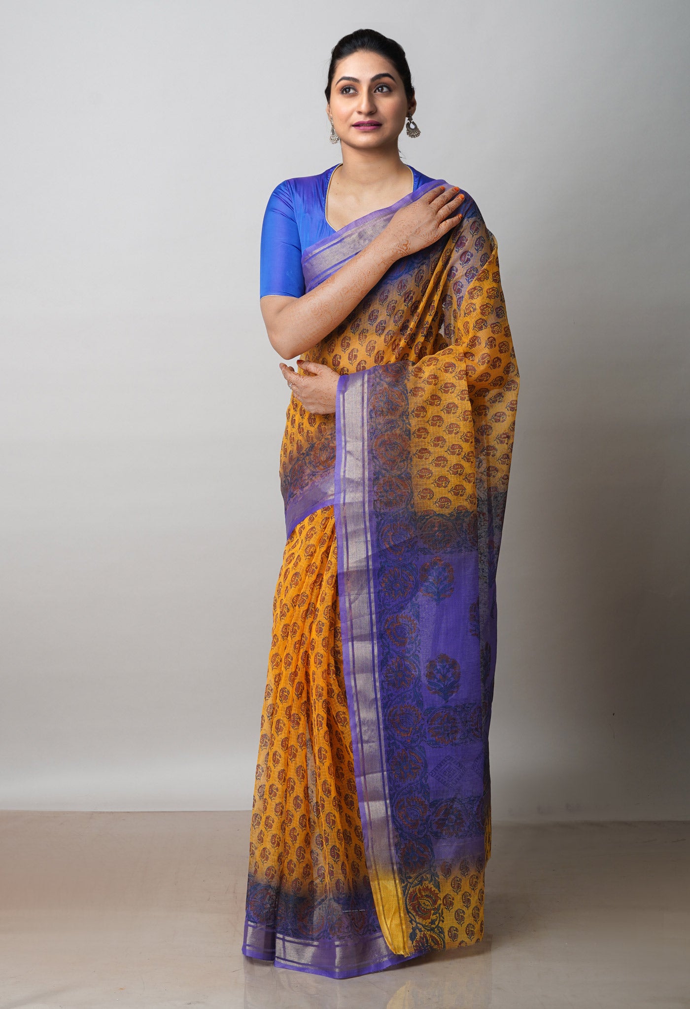 Yellow Pure Dyed Printed Kota Cotton Saree-UNM72547