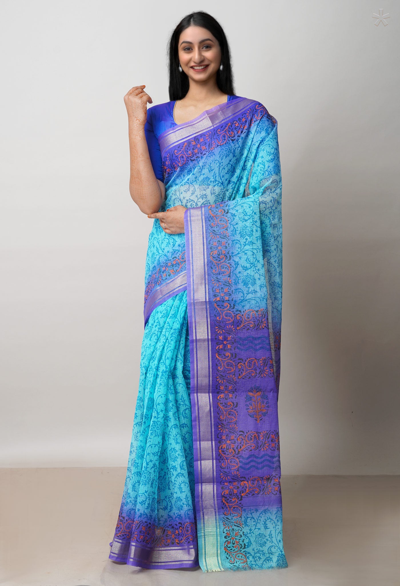 Blue Pure Dyed Printed Kota Cotton Saree-UNM72552