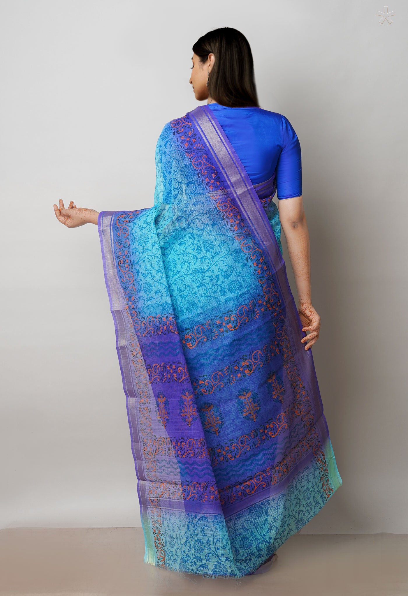 Blue Pure Dyed Printed Kota Cotton Saree-UNM72552