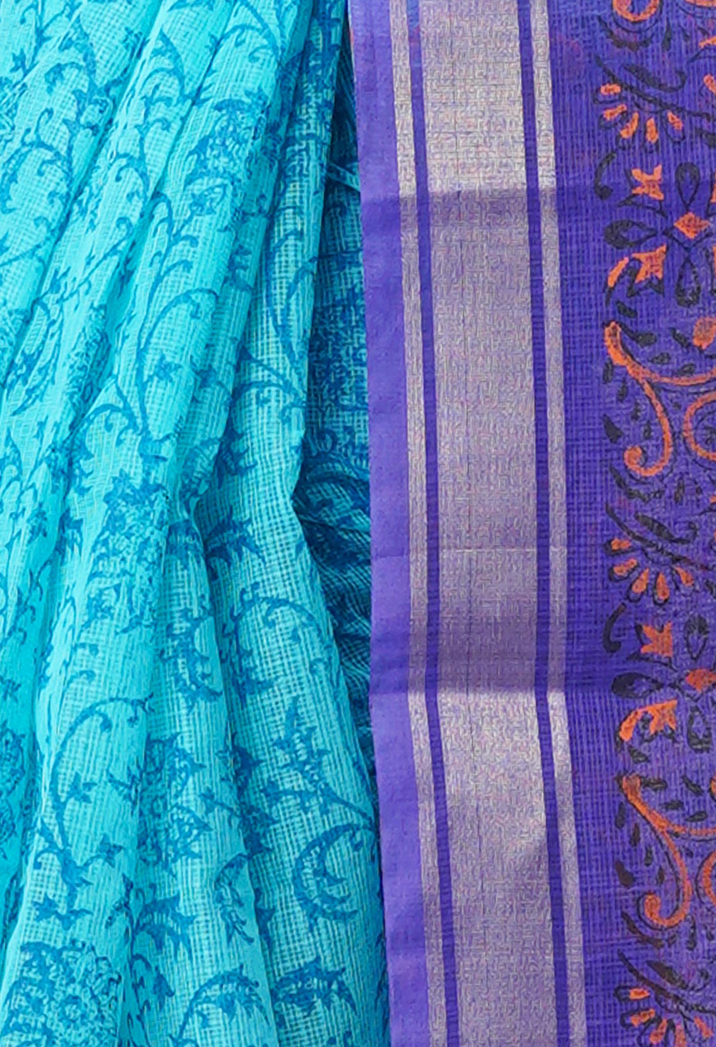 Blue Pure Dyed Printed Kota Cotton Saree-UNM72552