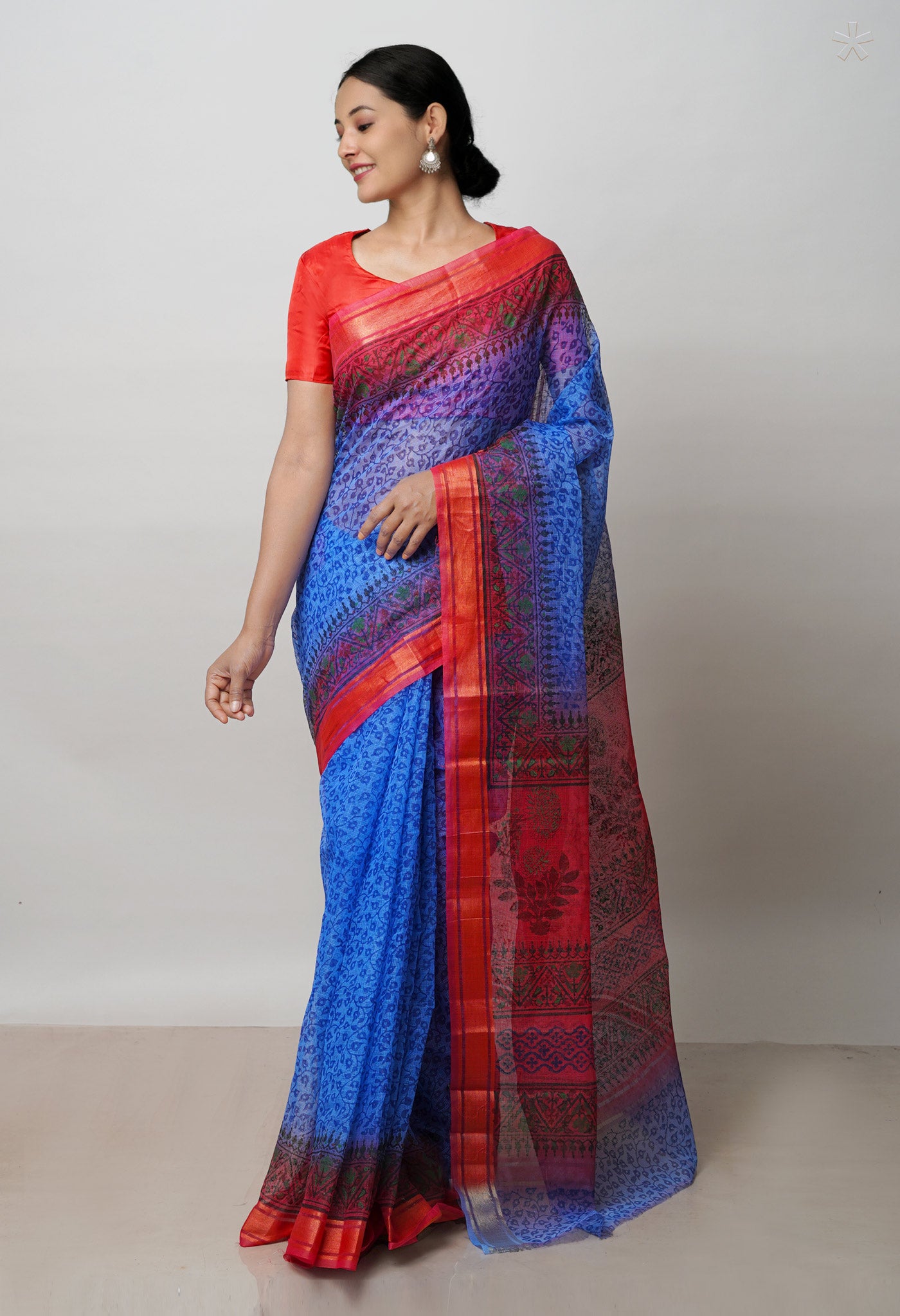 Dark Blue Pure Dyed Printed Kota Cotton Saree-UNM72559
