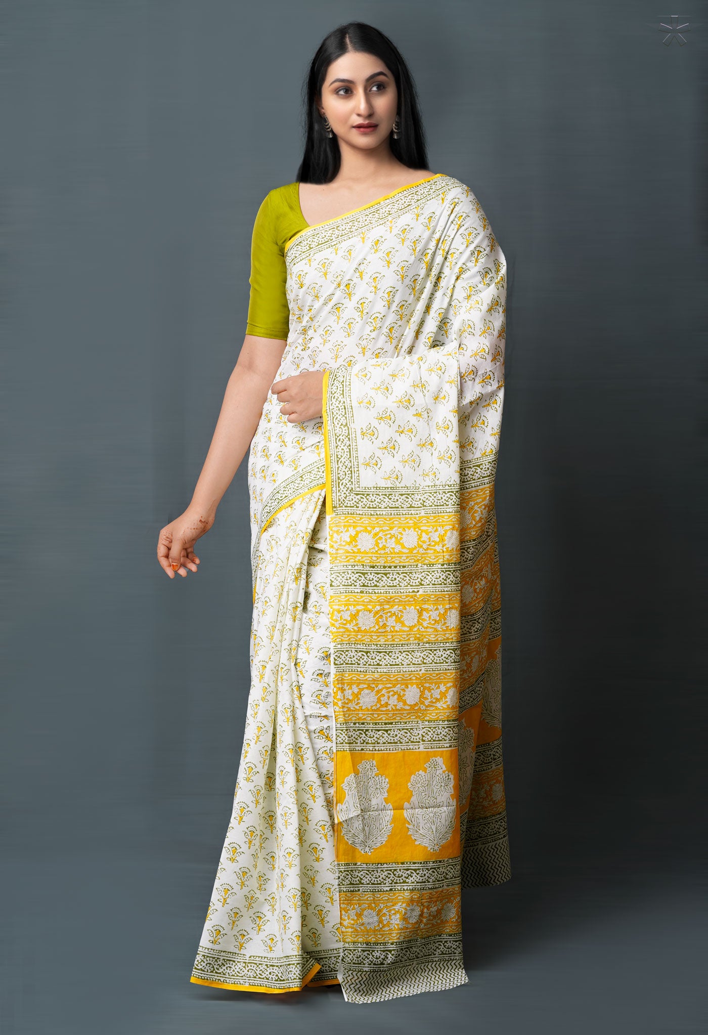 White Pure Block Printed Superfine Mulmul Cotton Saree-UNM72585