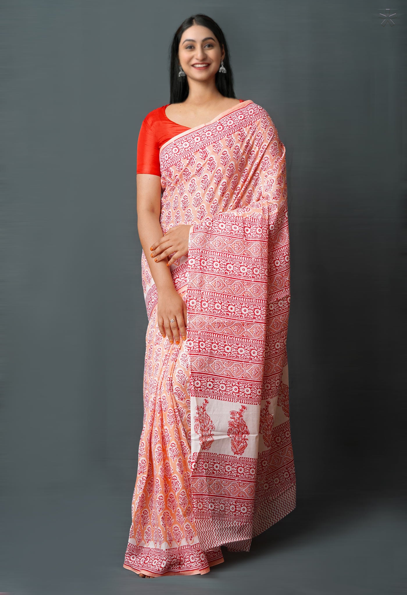 Peach Pink Pure Block Printed Superfine Mulmul Cotton Saree-UNM72589