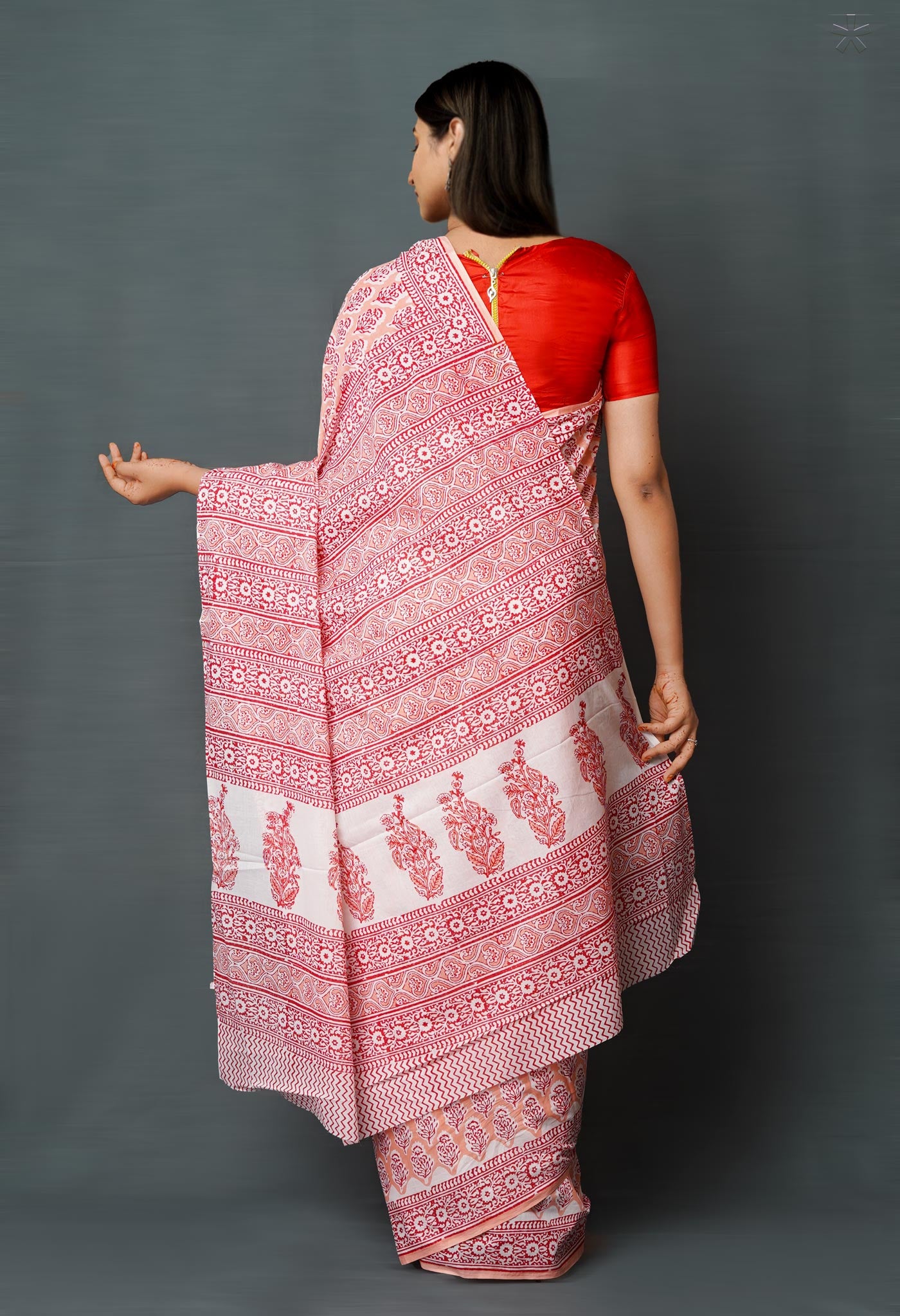 Peach Pink Pure Block Printed Superfine Mulmul Cotton Saree-UNM72589