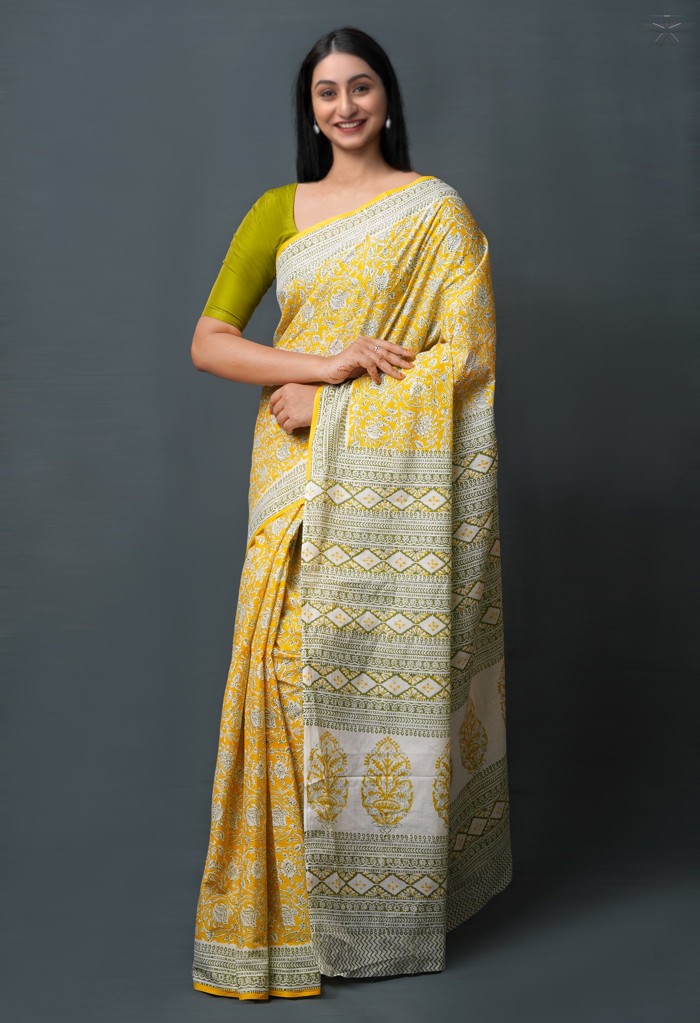 Yellow Pure Block Printed Superfine Mulmul Cotton Saree-UNM72593
