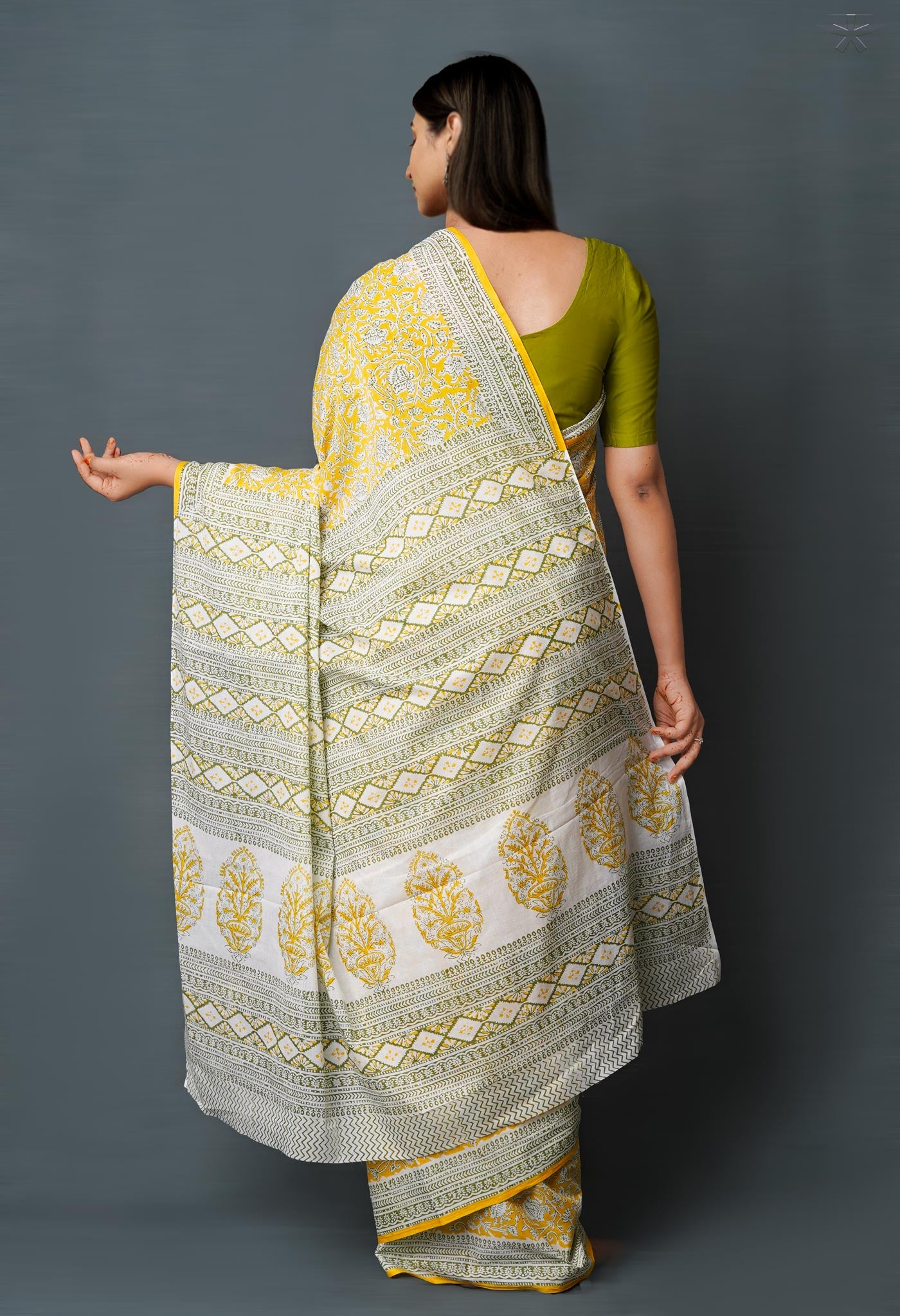 Yellow Pure Block Printed Superfine Mulmul Cotton Saree-UNM72593