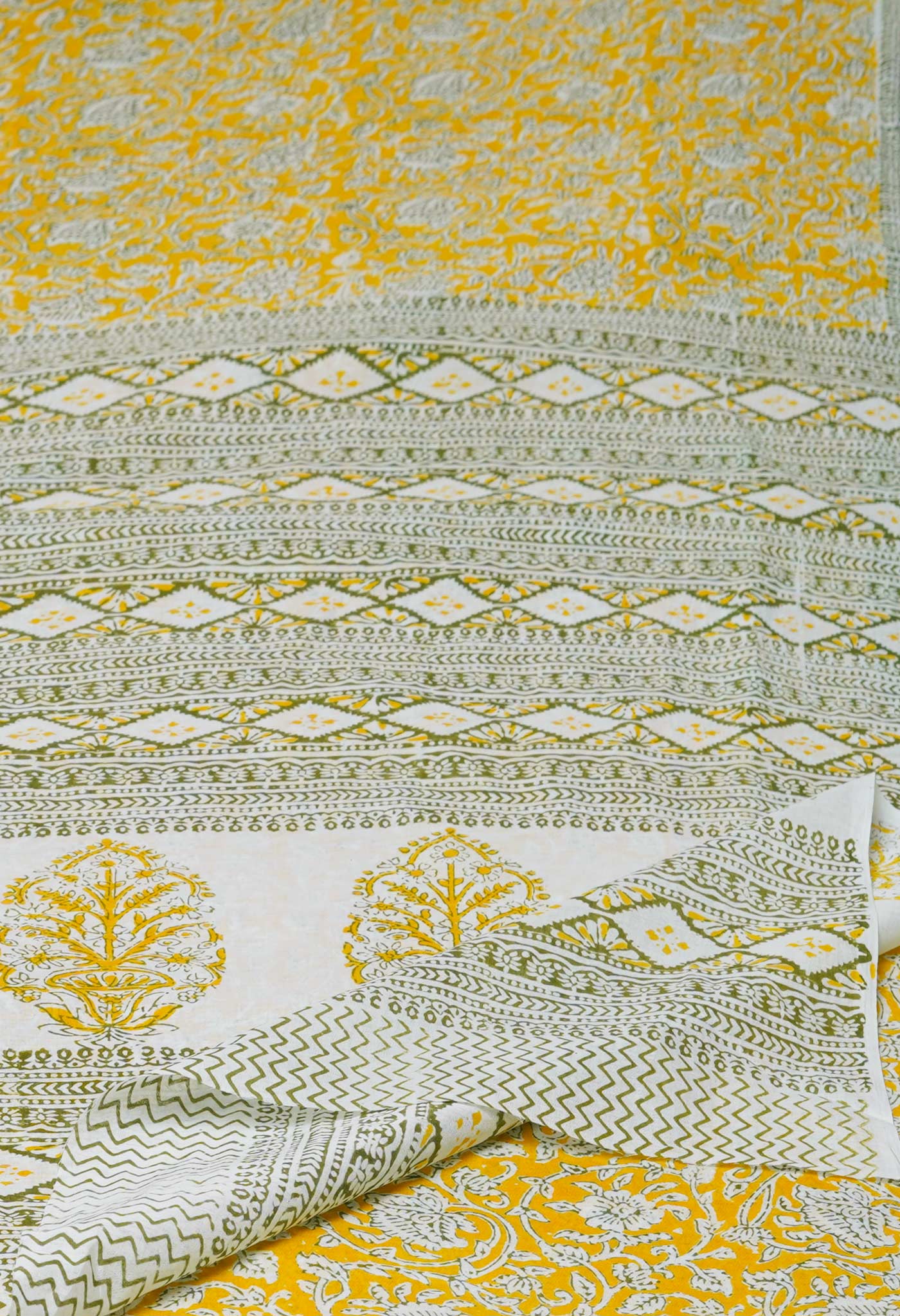 Yellow Pure Block Printed Superfine Mulmul Cotton Saree-UNM72593
