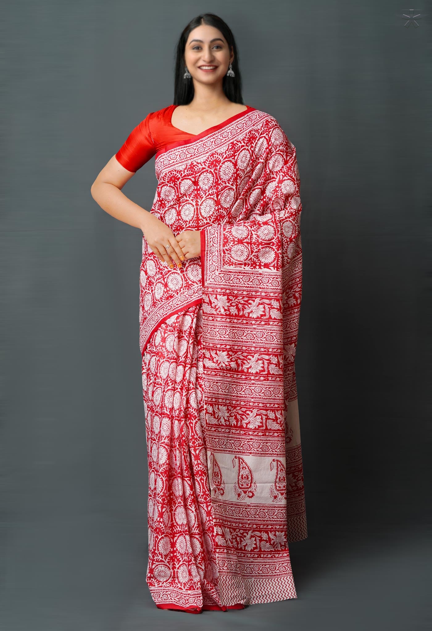 Red Pure Block Printed Soft Cotton Saree