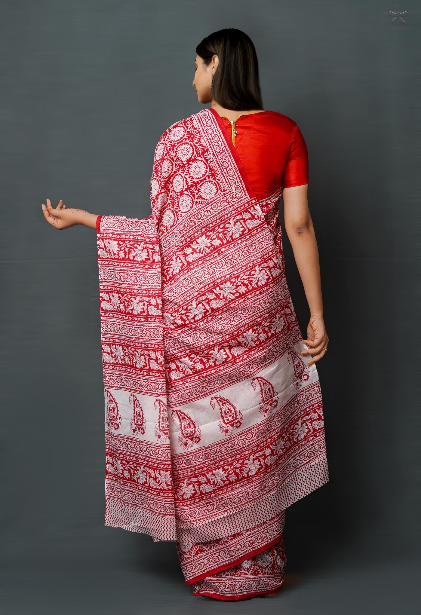 Red Pure Block Printed Soft Cotton Saree