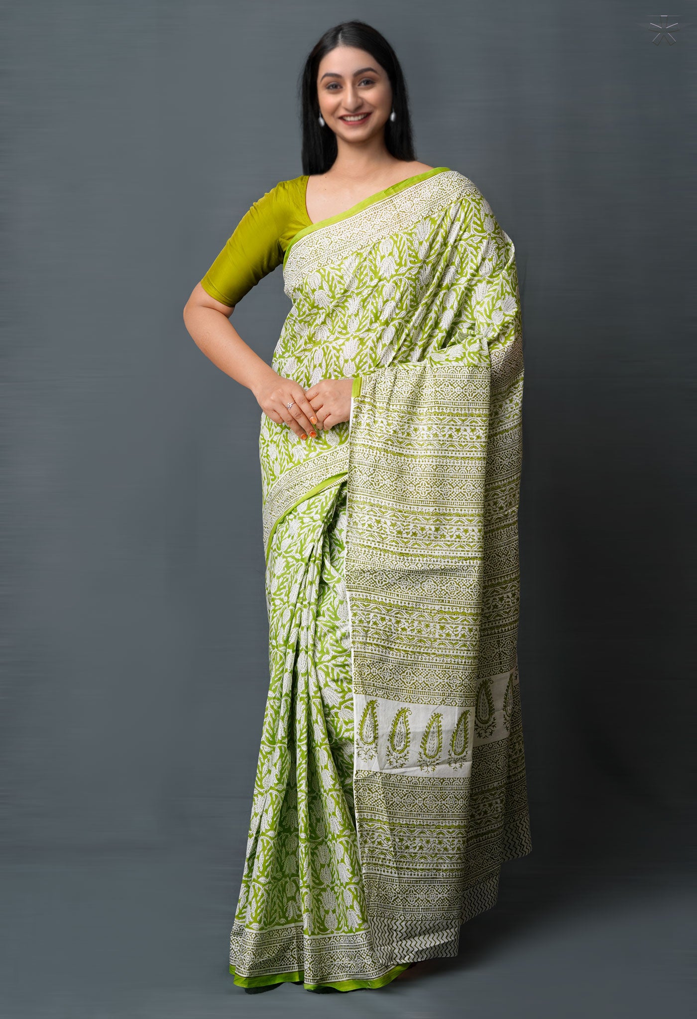 Green Pure Block Printed Superfine Mulmul Cotton Saree-UNM72602