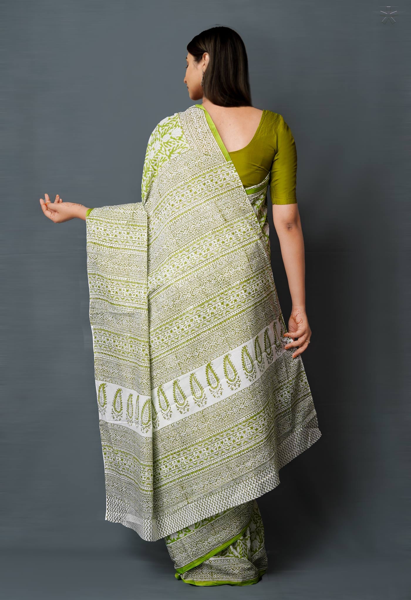 Green Pure Block Printed Superfine Mulmul Cotton Saree-UNM72602