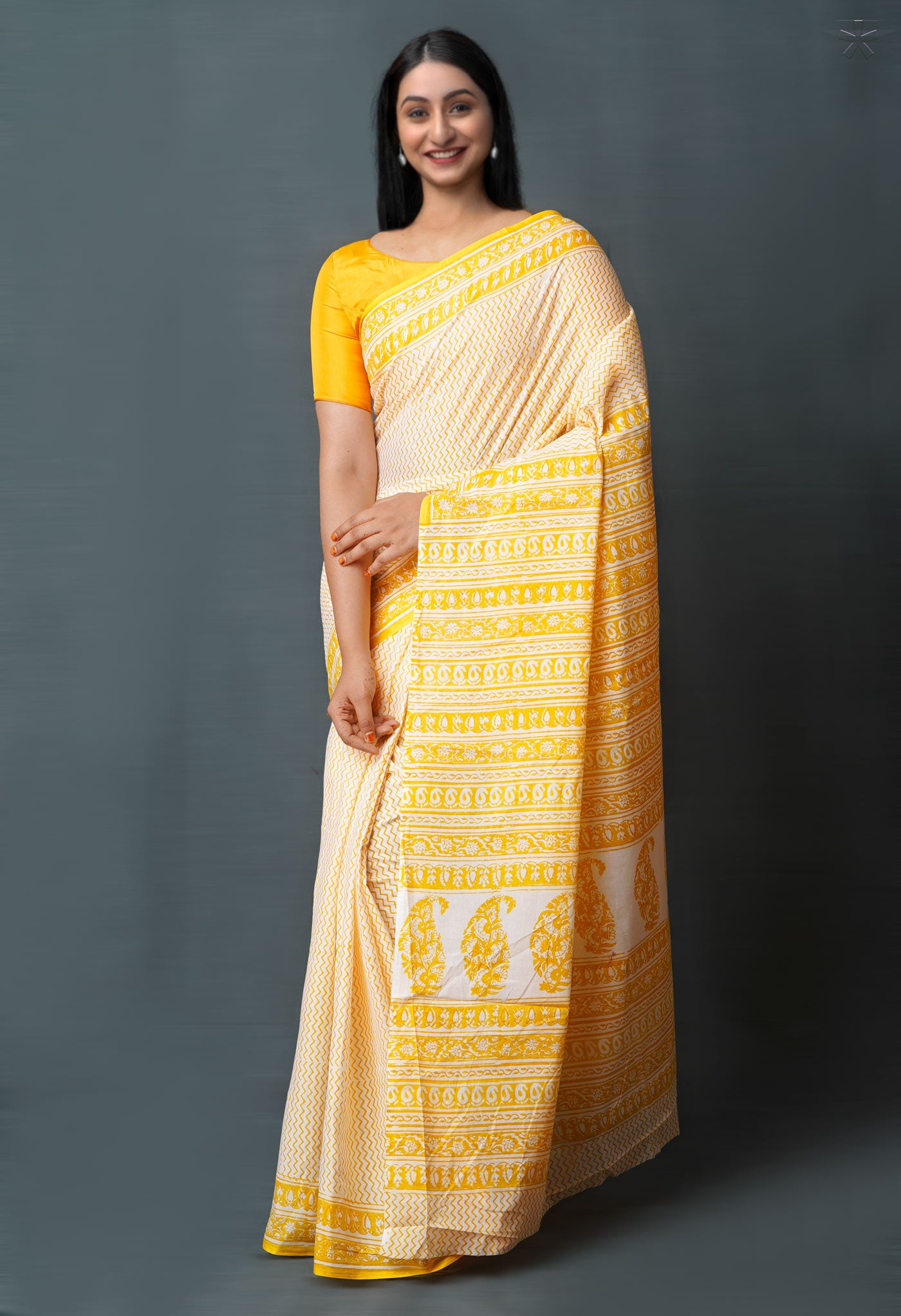 White-Yellow Pure Block Printed Superfine Mulmul Cotton Saree-UNM72607