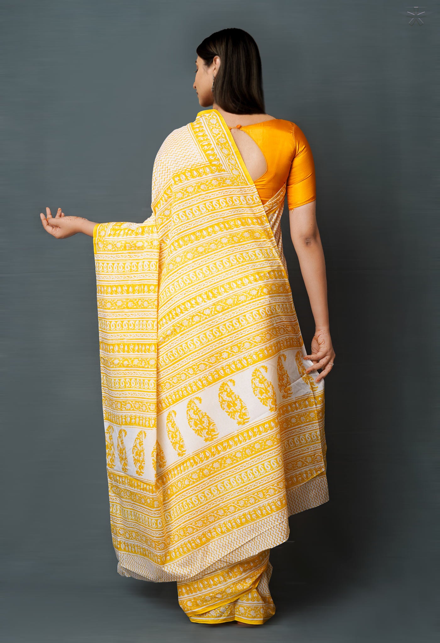 White-Yellow Pure Block Printed Superfine Mulmul Cotton Saree-UNM72607