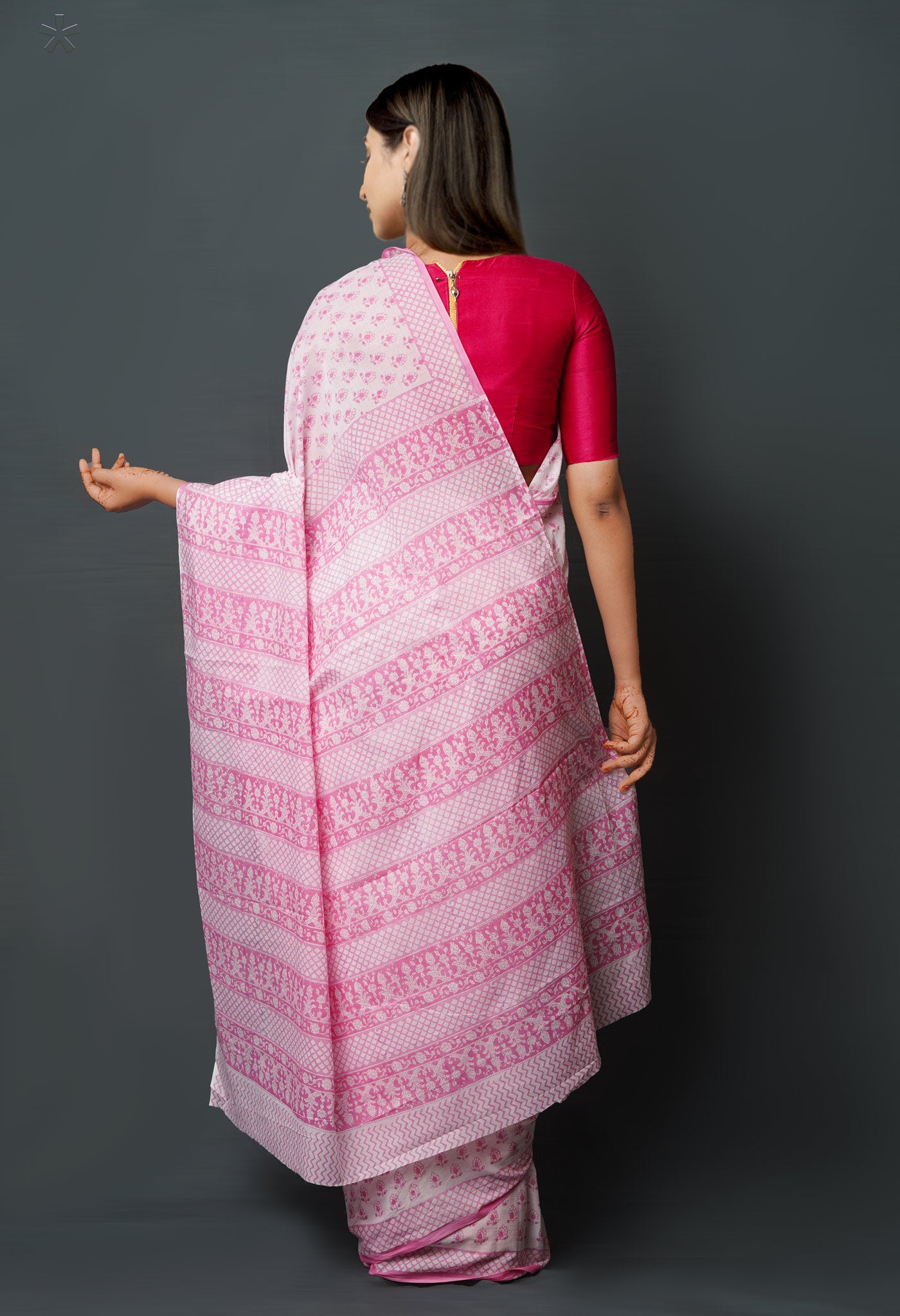 White-Pink Pure Block Printed Superfine Mulmul Cotton Saree-UNM72622