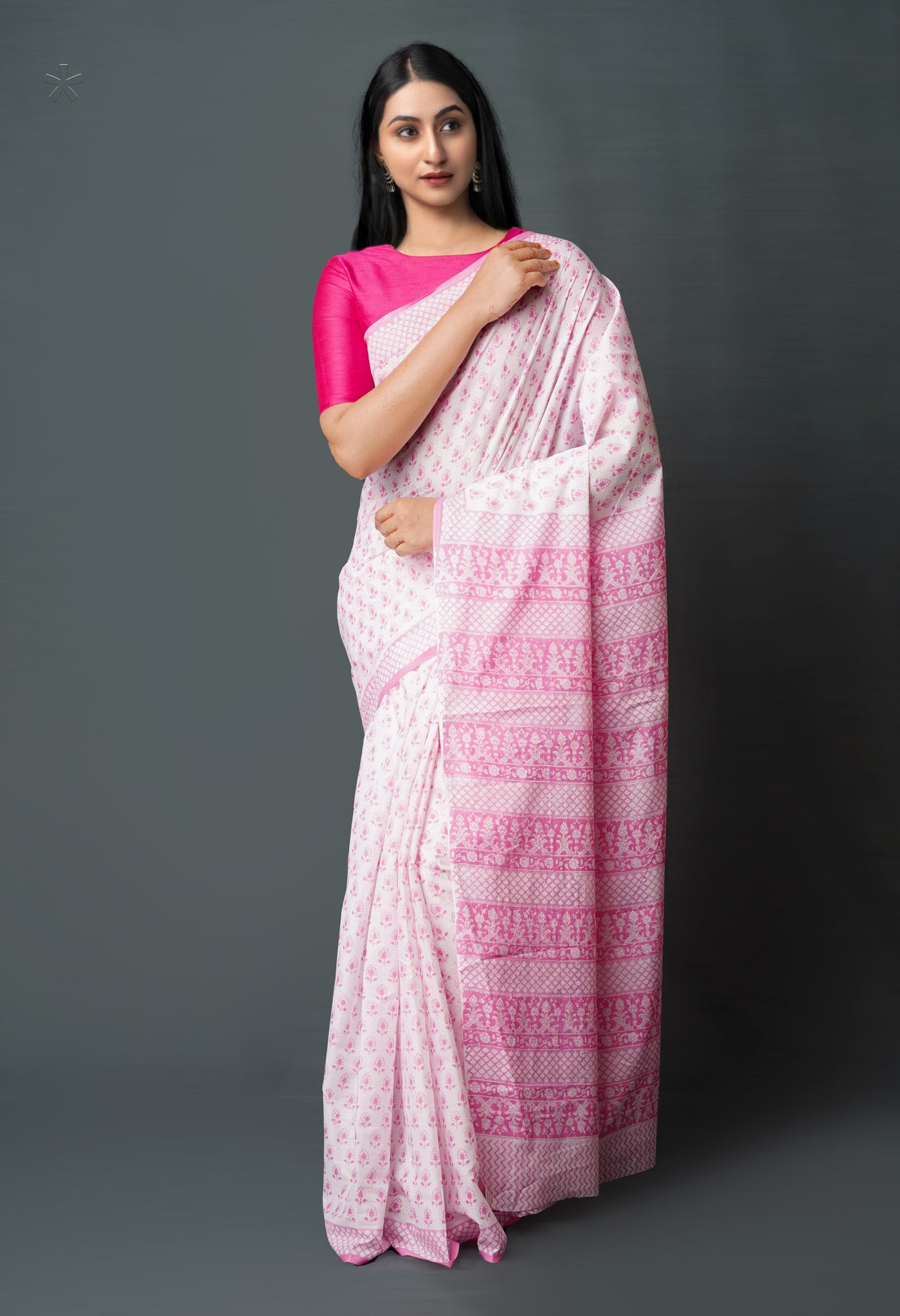 White-Pink Pure Block Printed Superfine Mulmul Cotton Saree-UNM72622