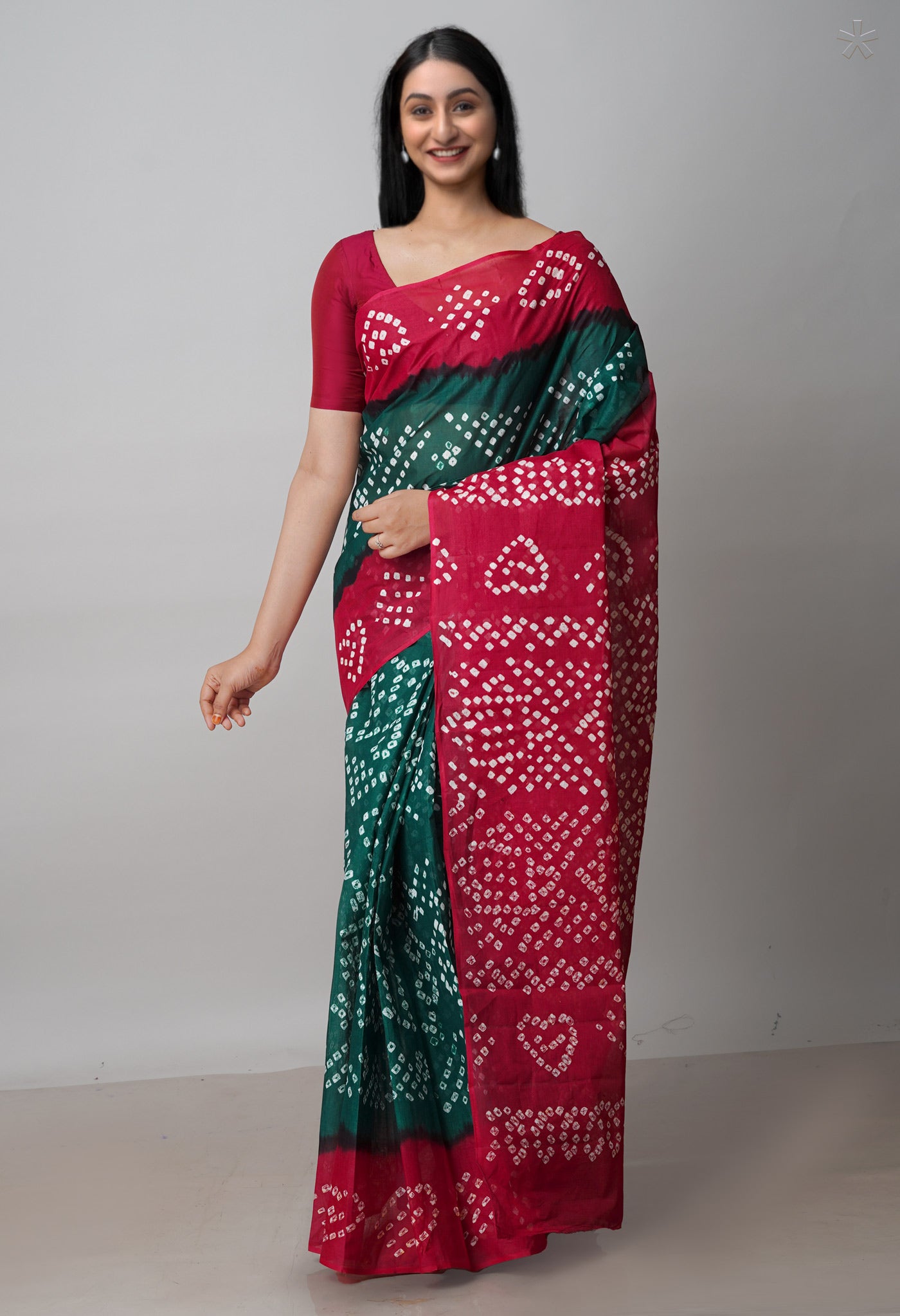 Dark Green-Maroon Pure Bandhani Cotton Saree-UNM72638