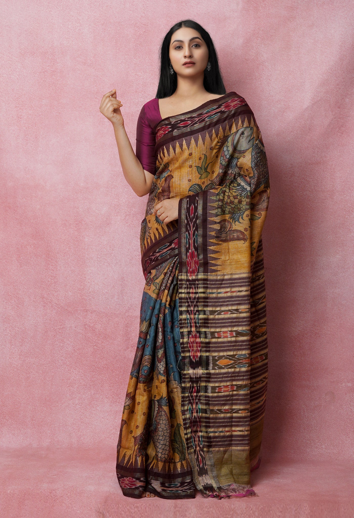 Bluish Grey Pure Handloom Pen Kalamkari Painting Gicha Tussar Jute Saree-UNM72680