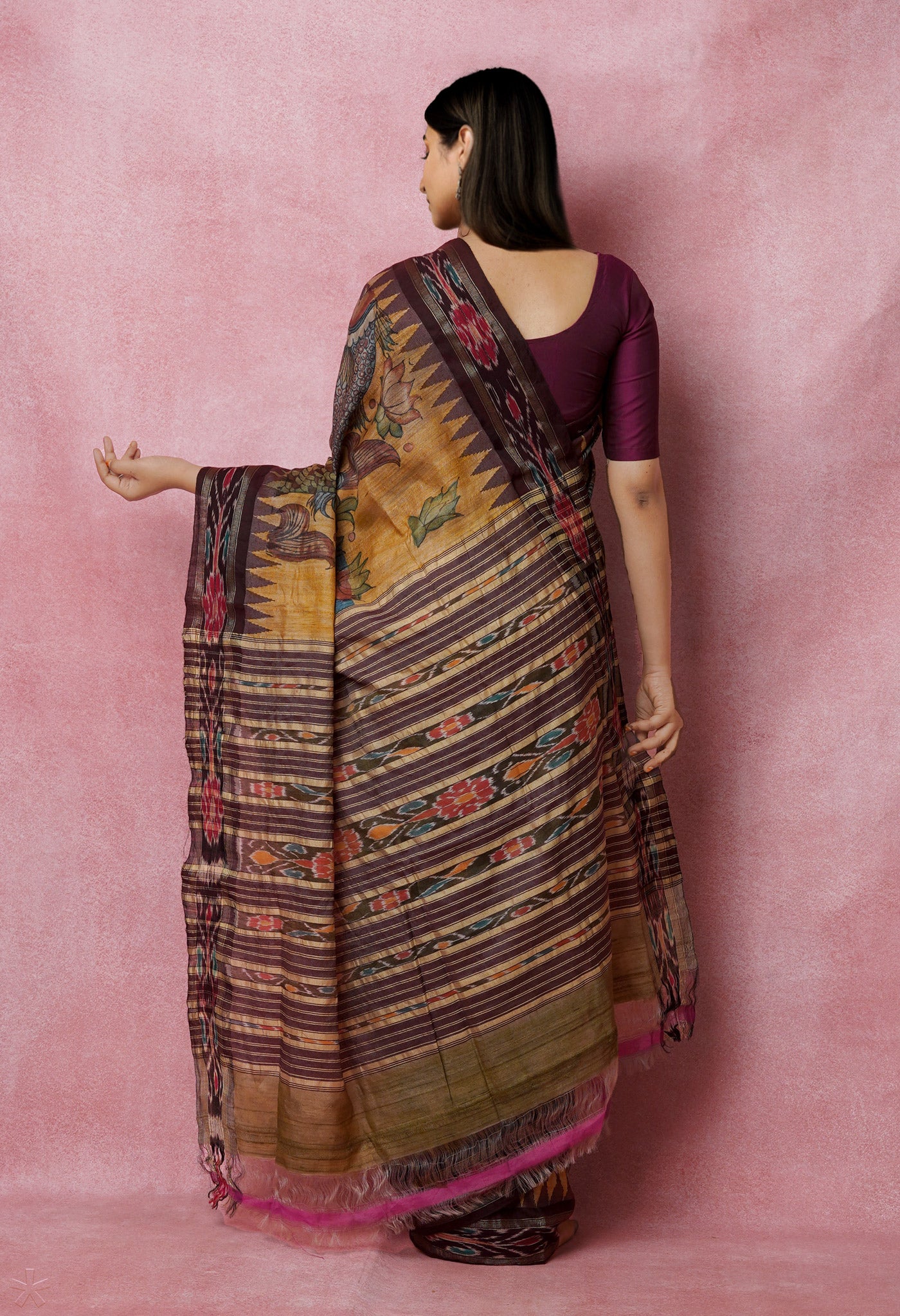 Bluish Grey Pure Handloom Pen Kalamkari Painting Gicha Tussar Jute Saree-UNM72680