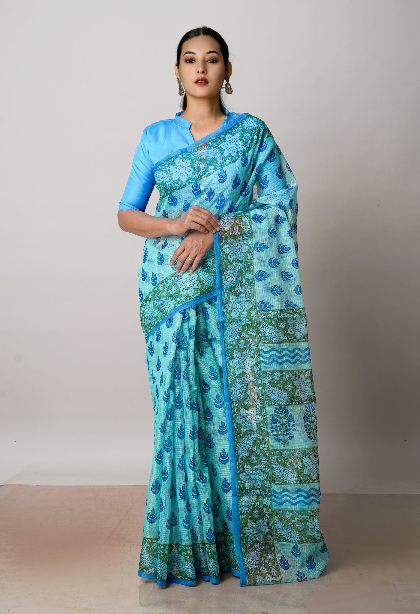 Turquoise Blue Pure Block Printed Kota Cotton Saree-UNM72728