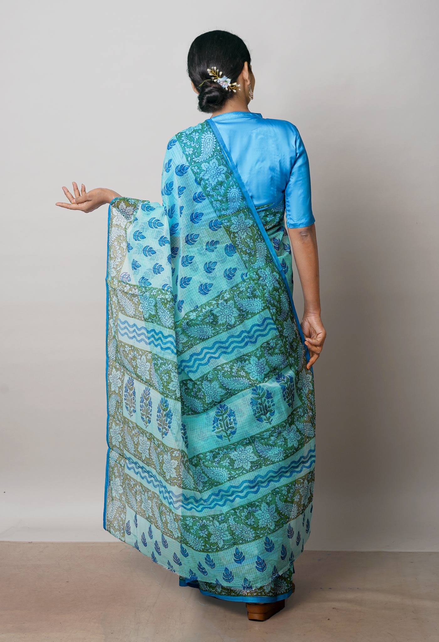 Turquoise Blue Pure Block Printed Kota Cotton Saree-UNM72728