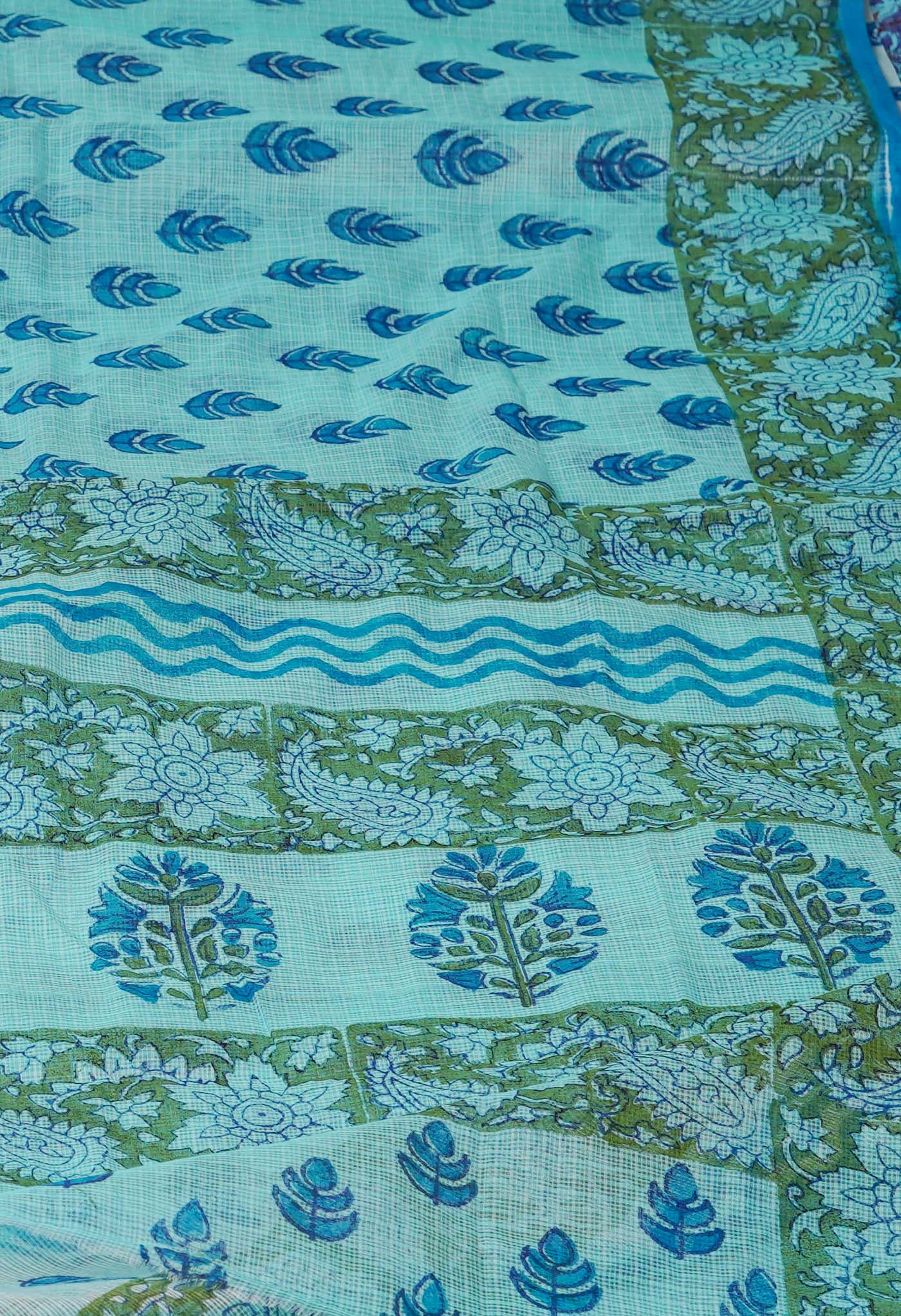Turquoise Blue Pure Block Printed Kota Cotton Saree-UNM72728
