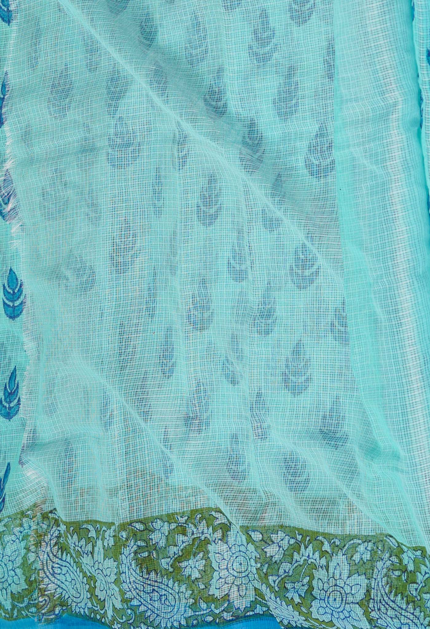 Turquoise Blue Pure Block Printed Kota Cotton Saree-UNM72728