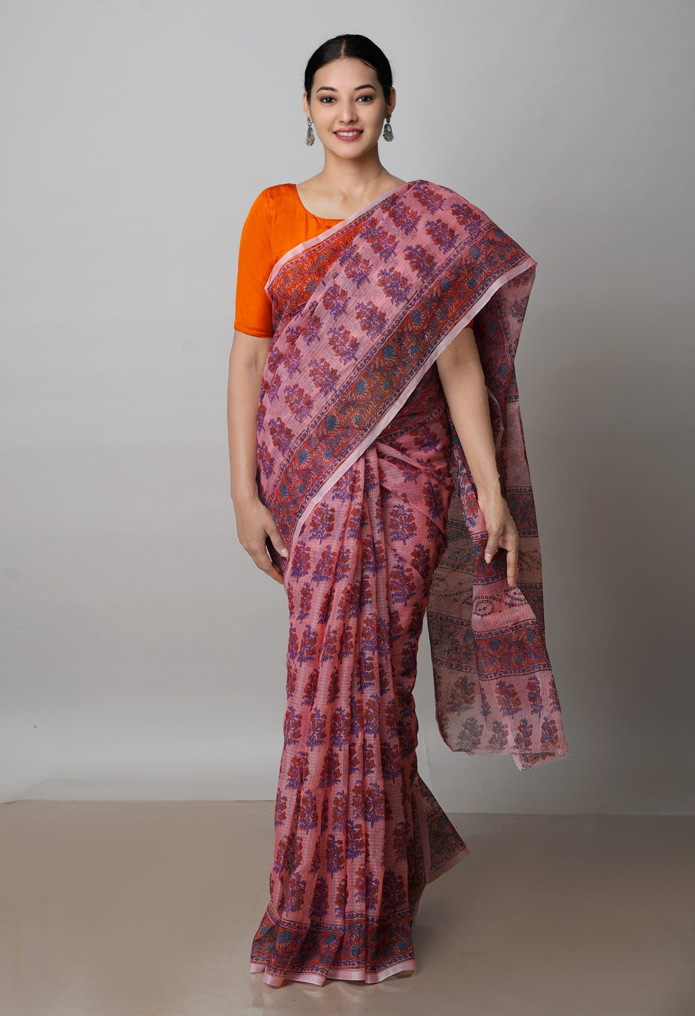 Peach Pink Pure Block Printed Kota Cotton Saree-UNM72753