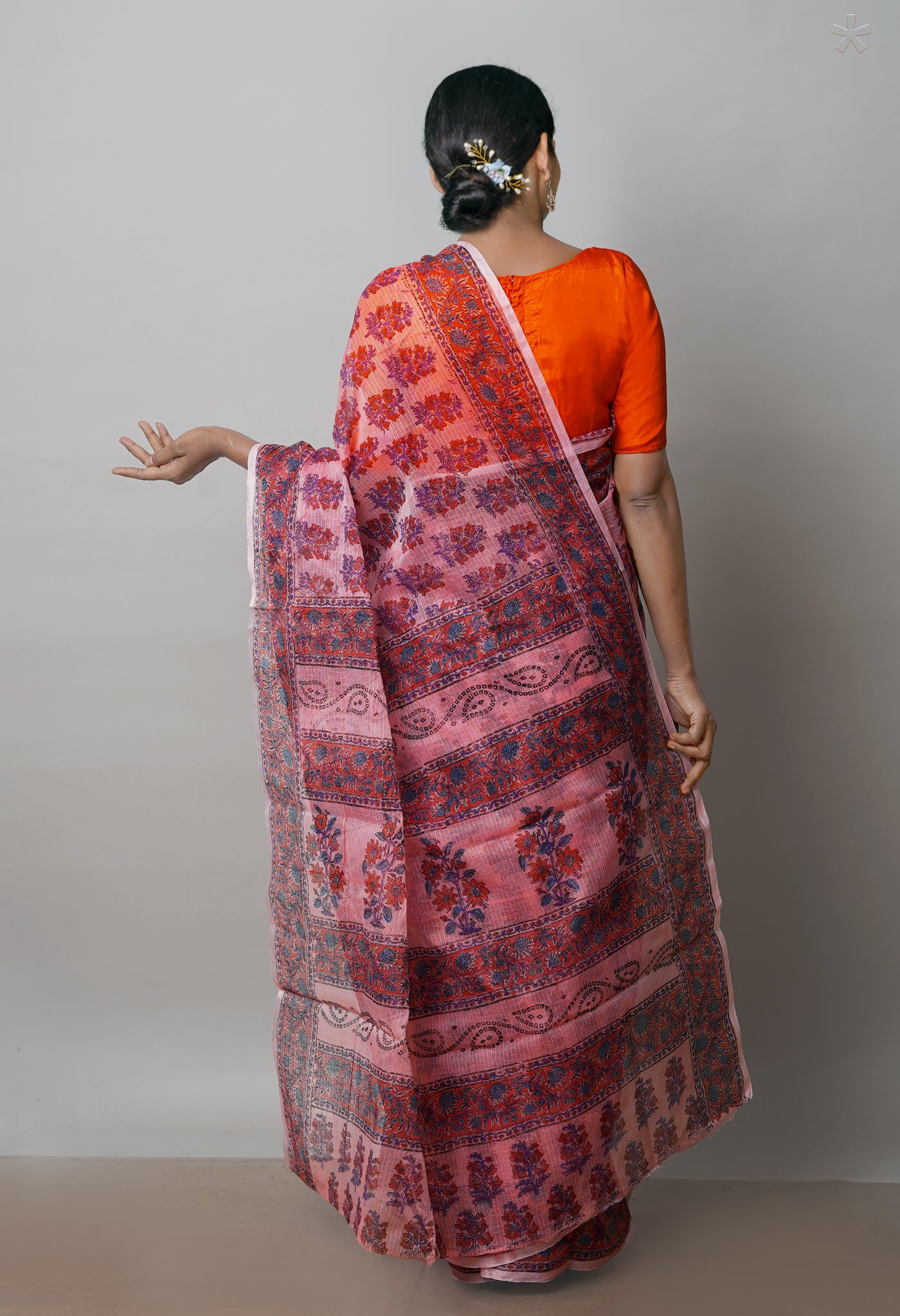 Peach Pink Pure Block Printed Kota Cotton Saree-UNM72753