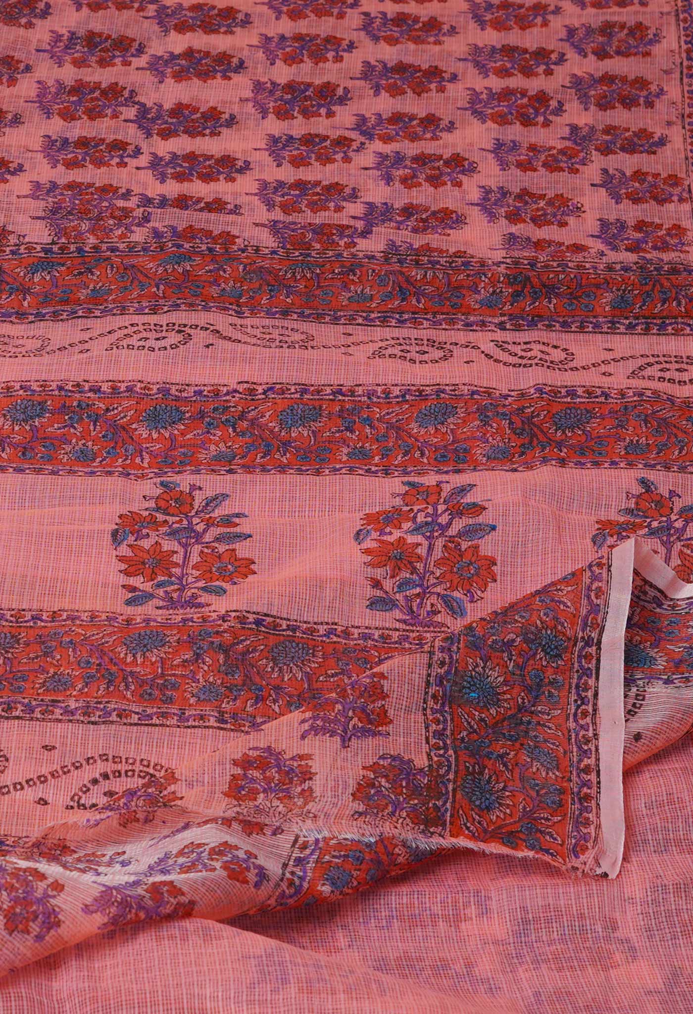 Peach Pink Pure Block Printed Kota Cotton Saree-UNM72753