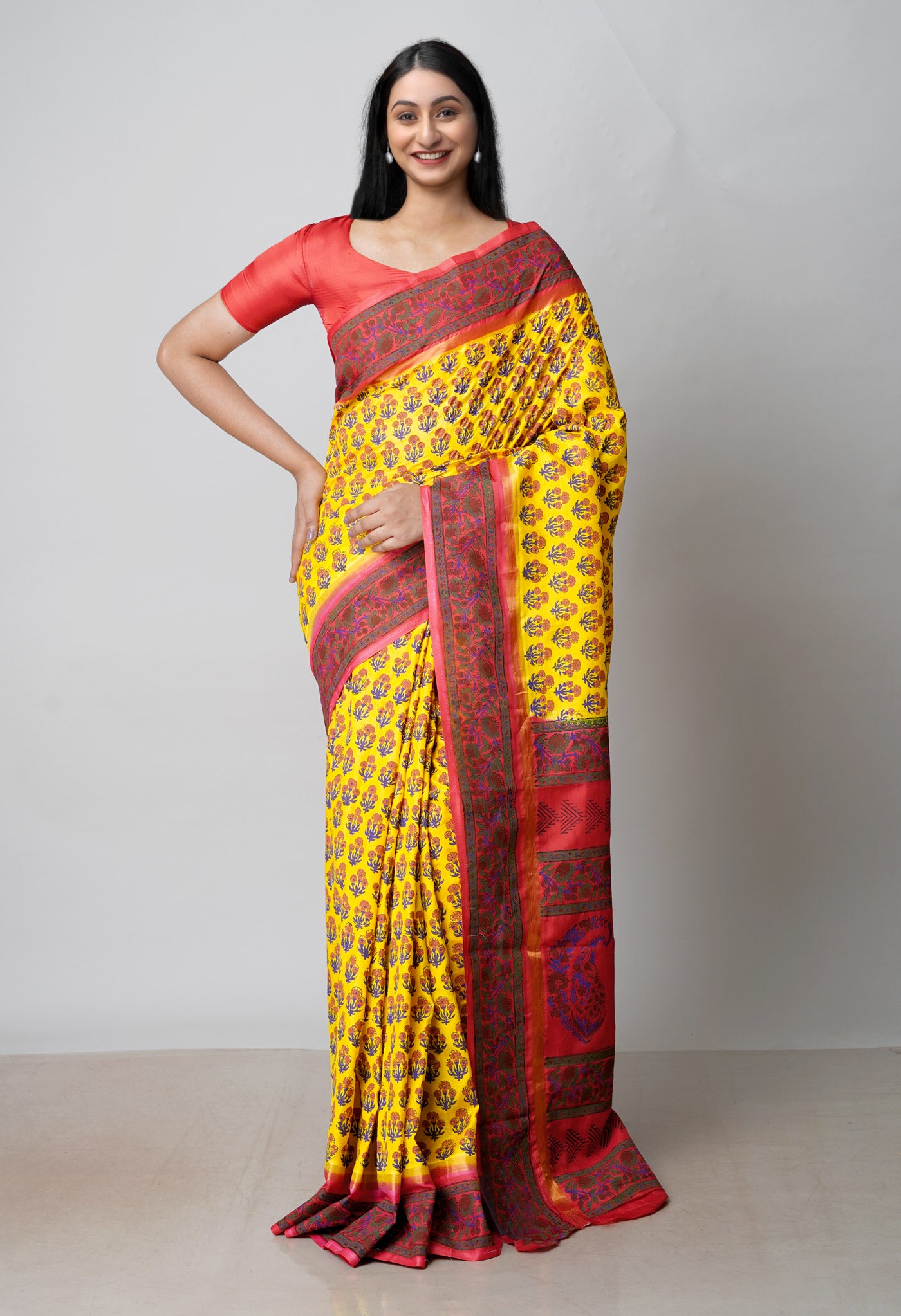 Yellow Dyed Printed Summer Bangalore Soft Silk Saree-UNM72765