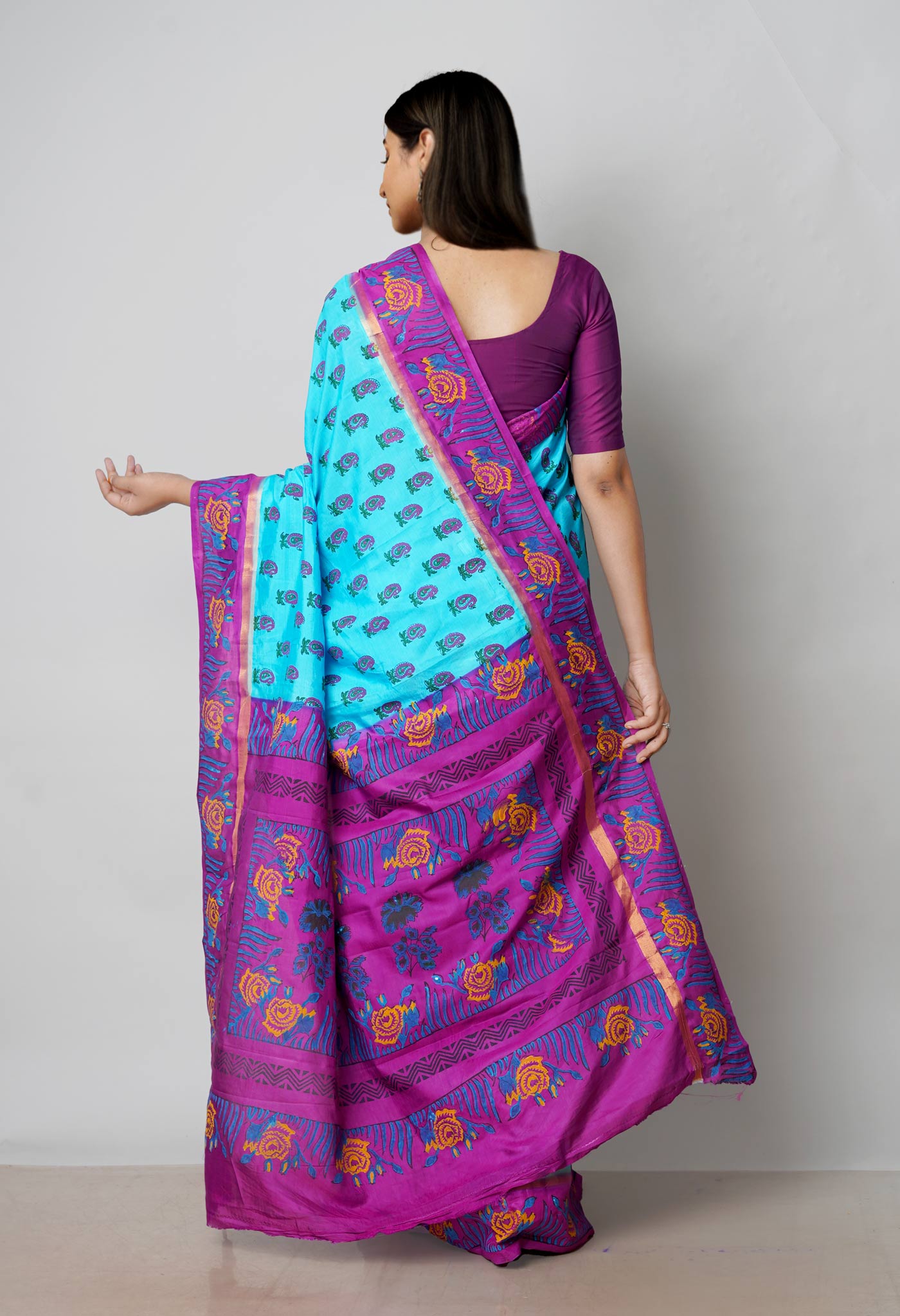 Blue Dyed Printed Summer Bangalore Soft Silk Saree