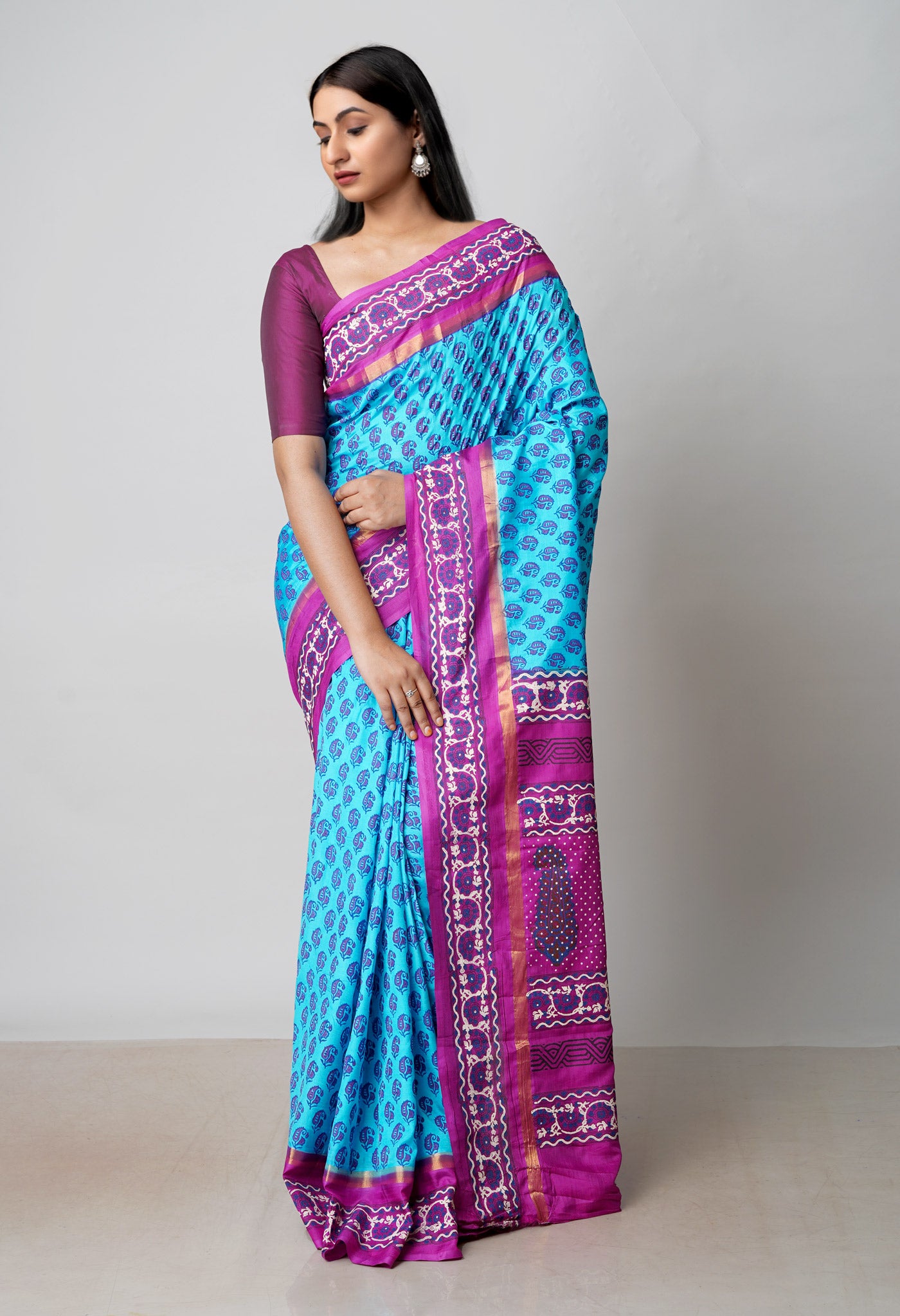 Blue Dyed Printed Summer Bangalore Soft Silk Saree