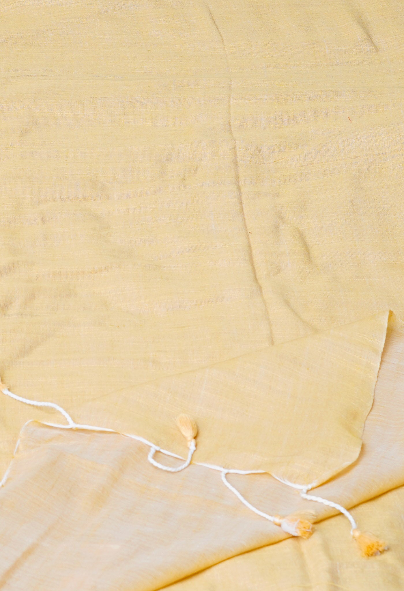 Cream Pure Plain Linen Saree With Tassels