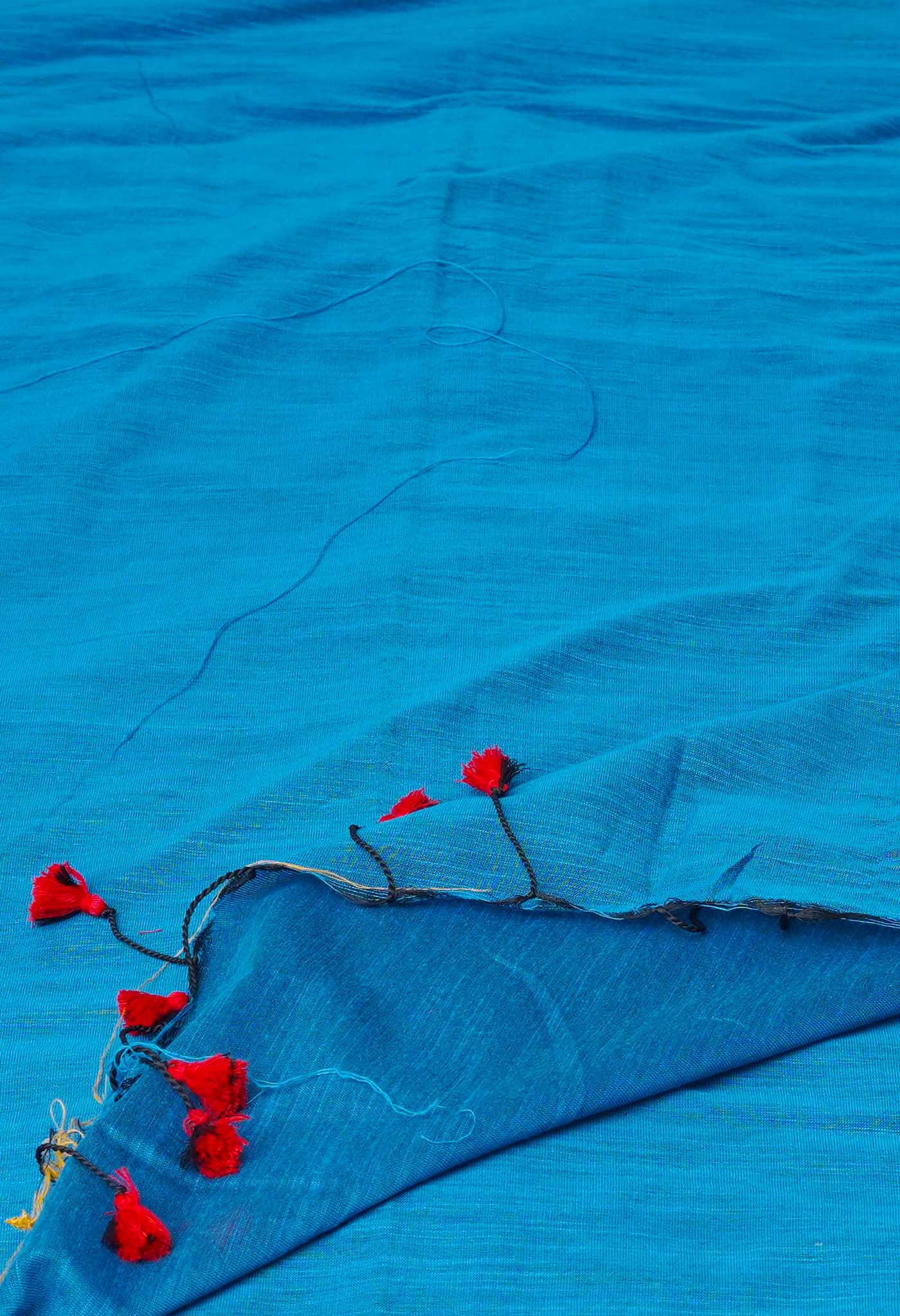 Peacocok Blue Pure Plain Cotton Linen Saree With Tassels