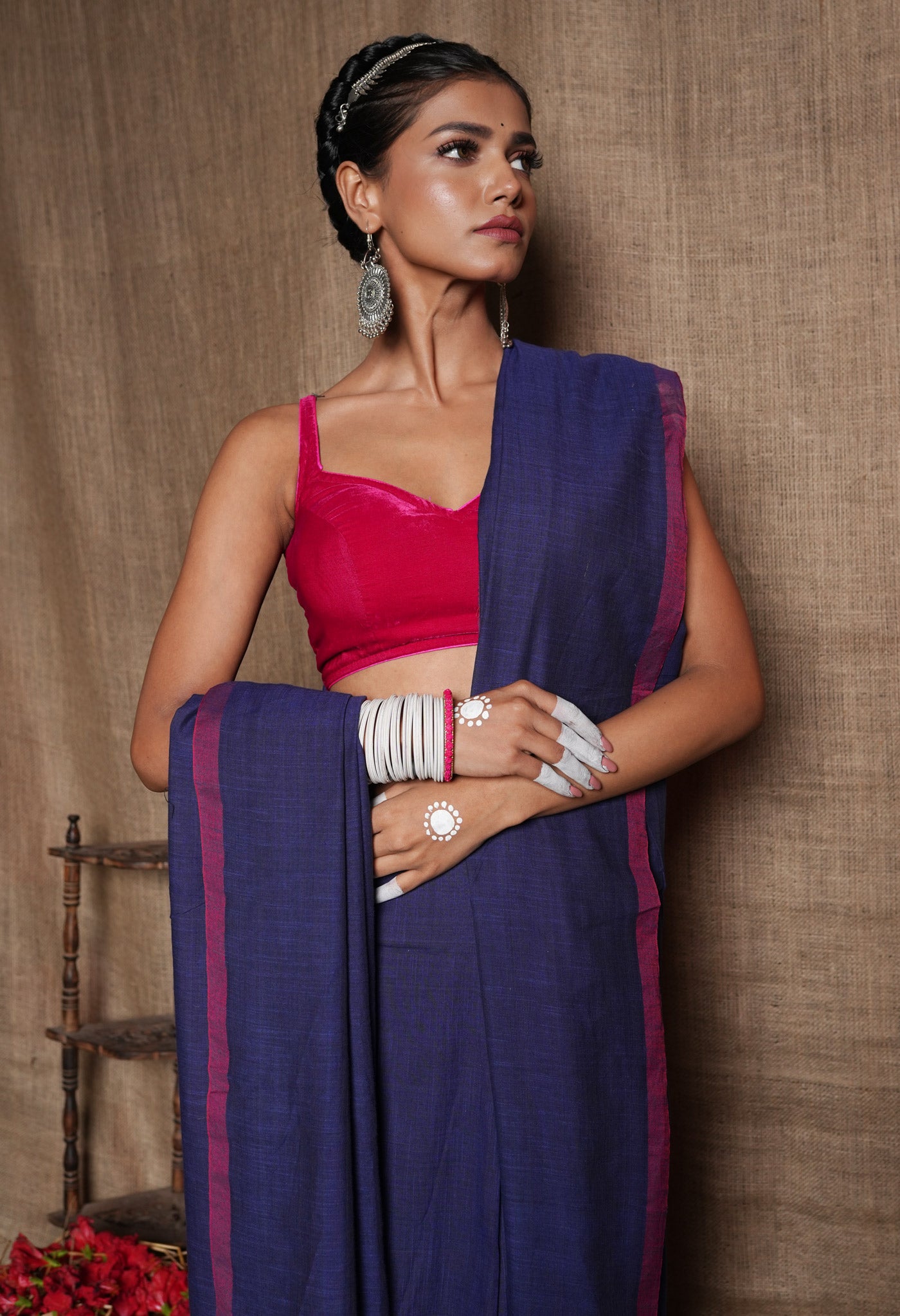 Navy Blue Pure Plain Cotton Linen Saree With Tassels