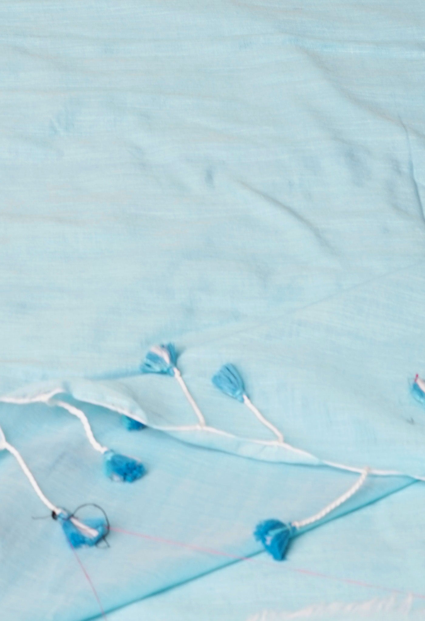 Pale Blue Pure Plain Cotton Linen Saree With Tassels