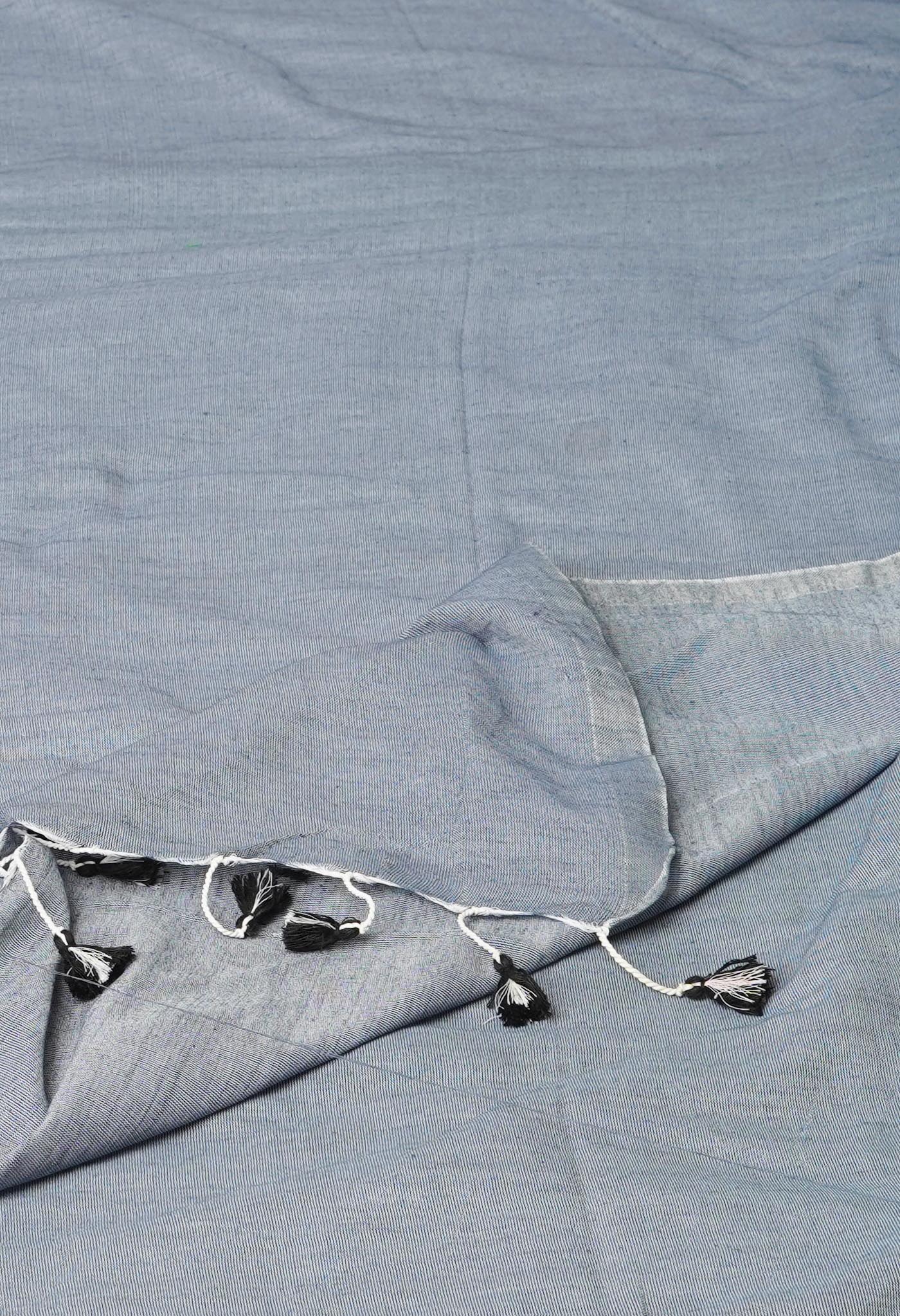Grey Pure Plain Cotton Linen Saree With Tassels-UNM72854