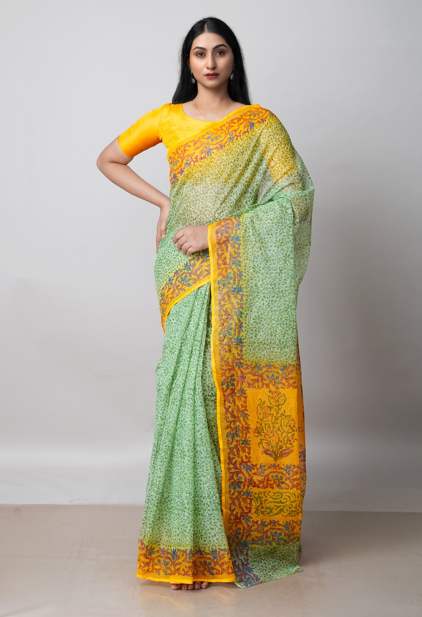 Green Pure Block Printed Kota Cotton Saree With Kalamkari Blouse Piece-UNM72972