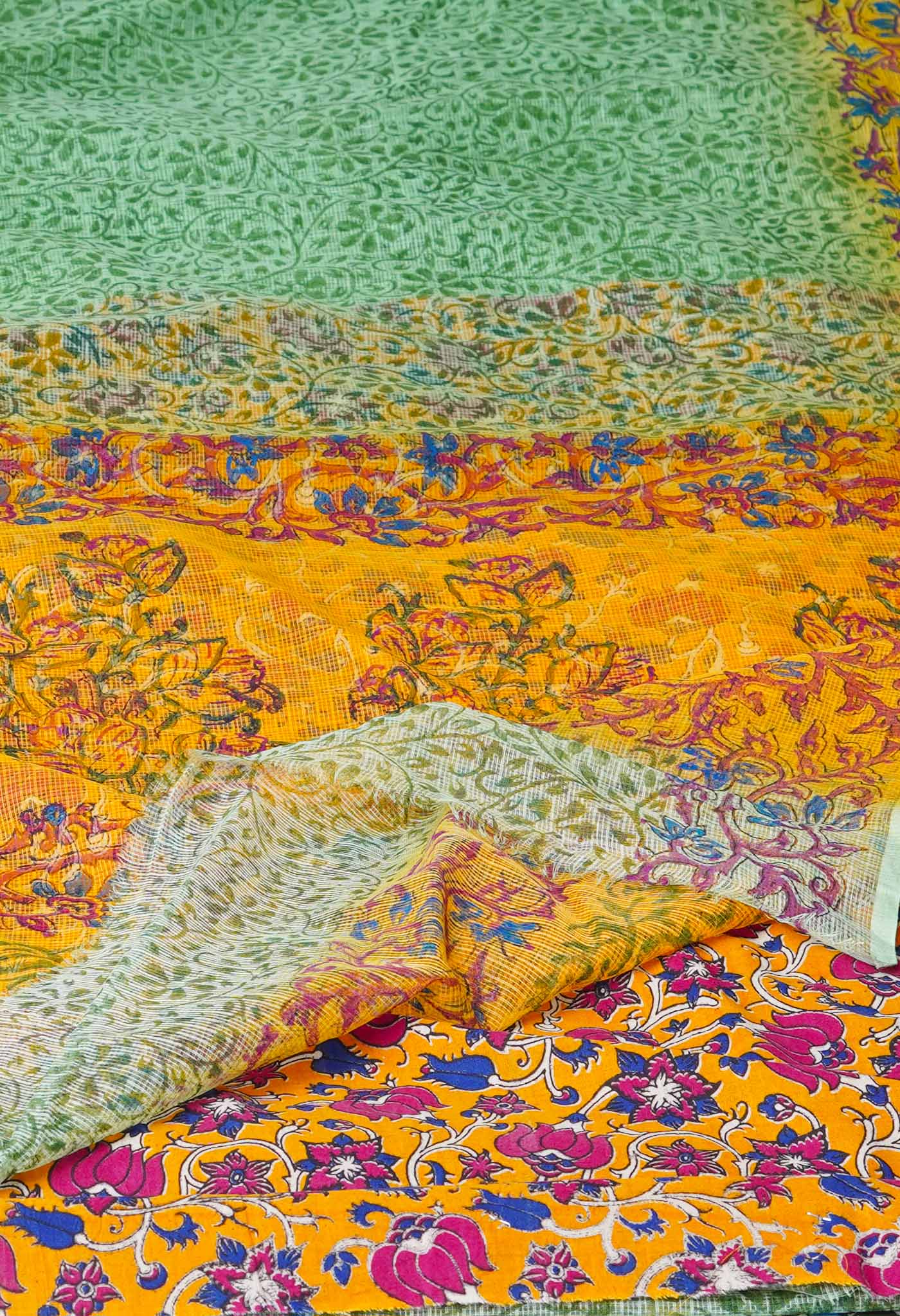 Green Pure Block Printed Kota Cotton Saree With Kalamkari Blouse Piece-UNM72972