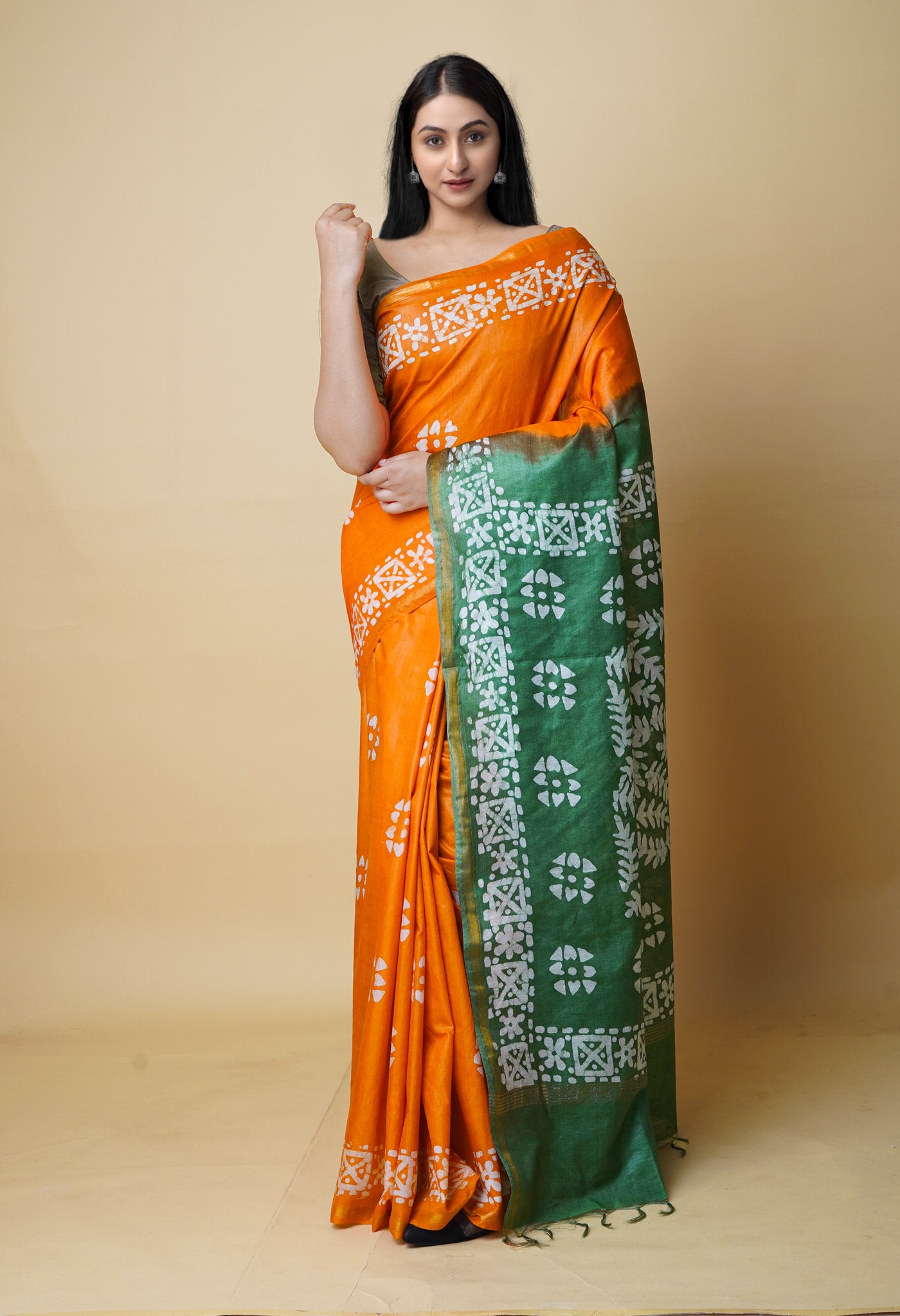 Orange-Green Batik Printed Chanderi Sico Saree