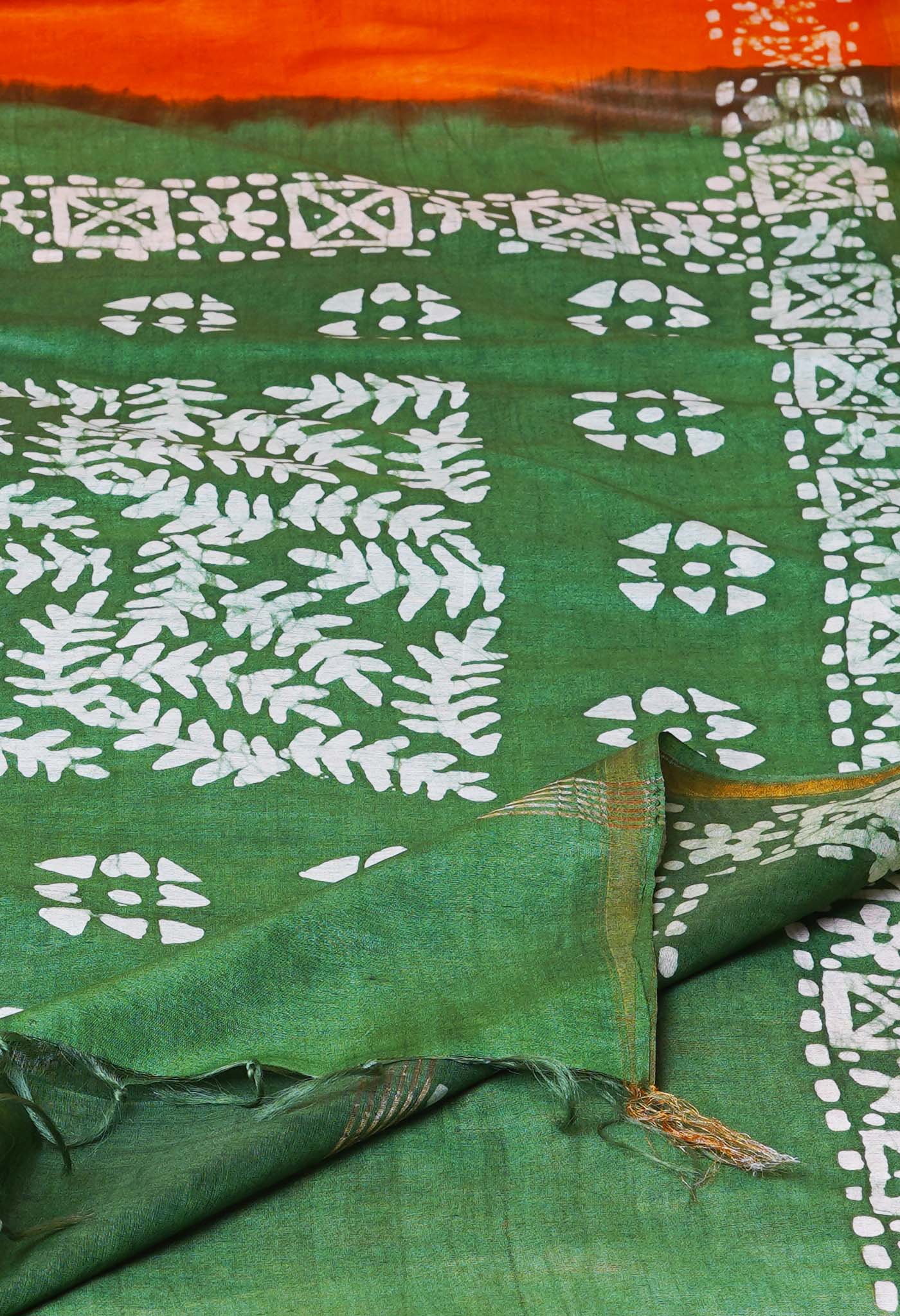 Orange-Green Batik Printed Chanderi Sico Saree