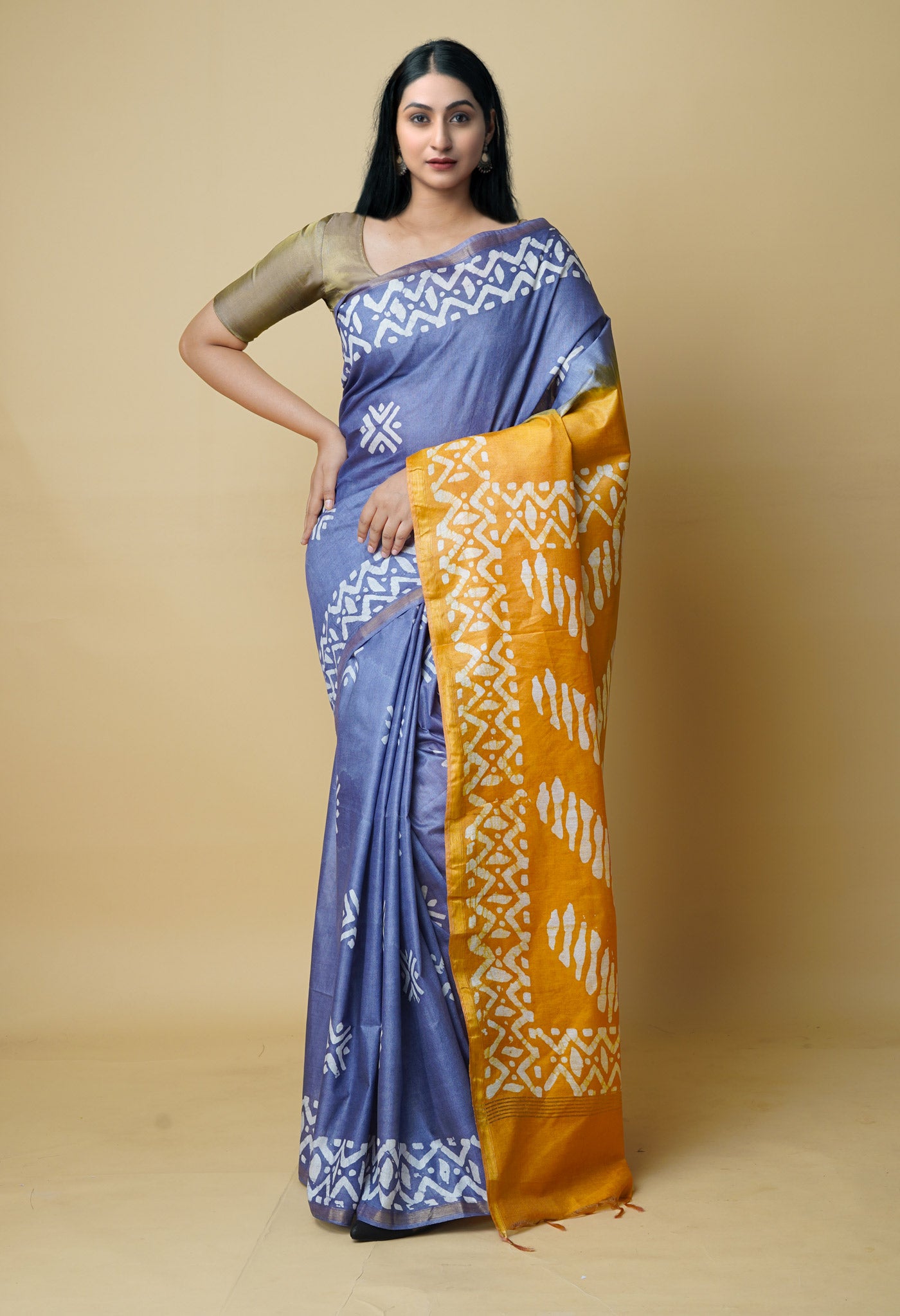 Bluish Grey-Sandal Wood Brown Batik Printed Chanderi Sico Saree-UNM73172