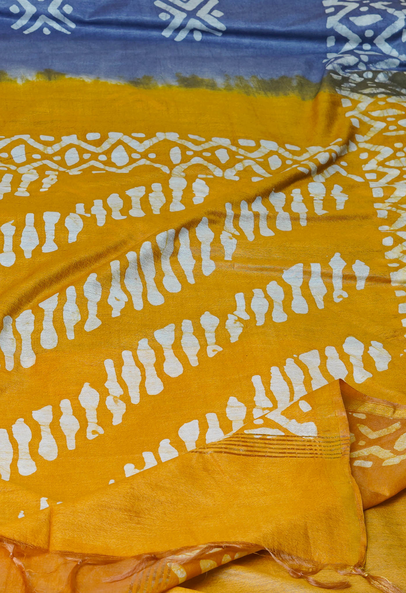 Bluish Grey-Sandal Wood Brown Batik Printed Chanderi Sico Saree-UNM73172
