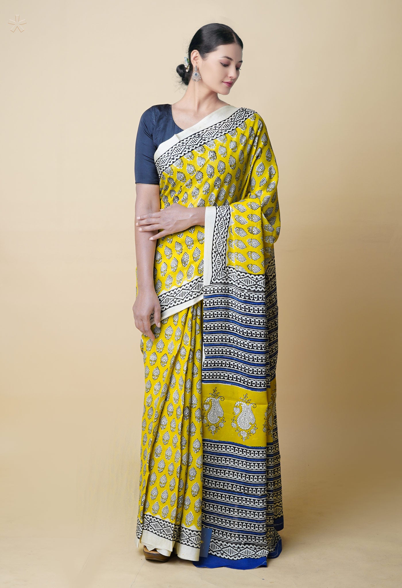 Yellow Pure Bagru Printed Georgette Silk Saree