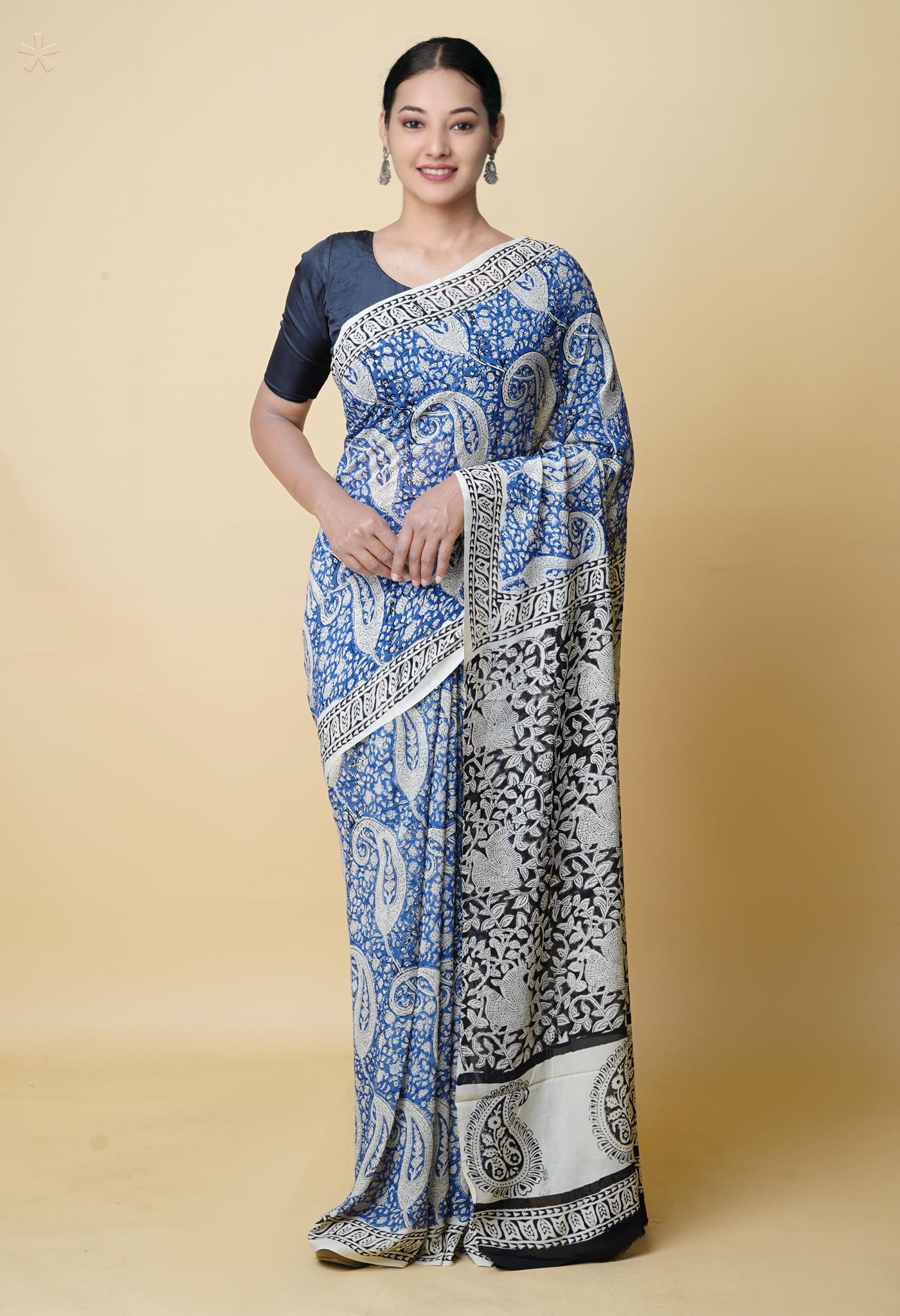 Blue Pure Bagru Printed Georgette Silk Saree