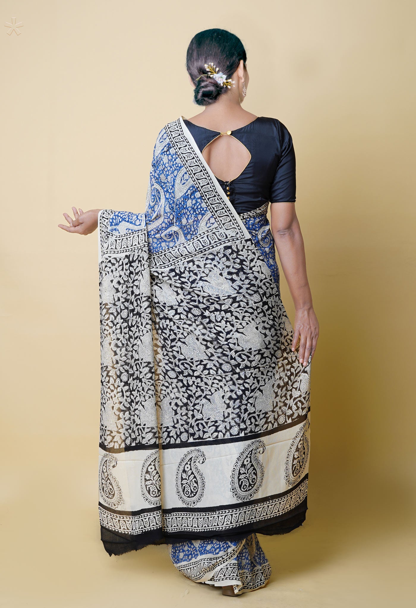 Blue Pure Bagru Printed Georgette Silk Saree