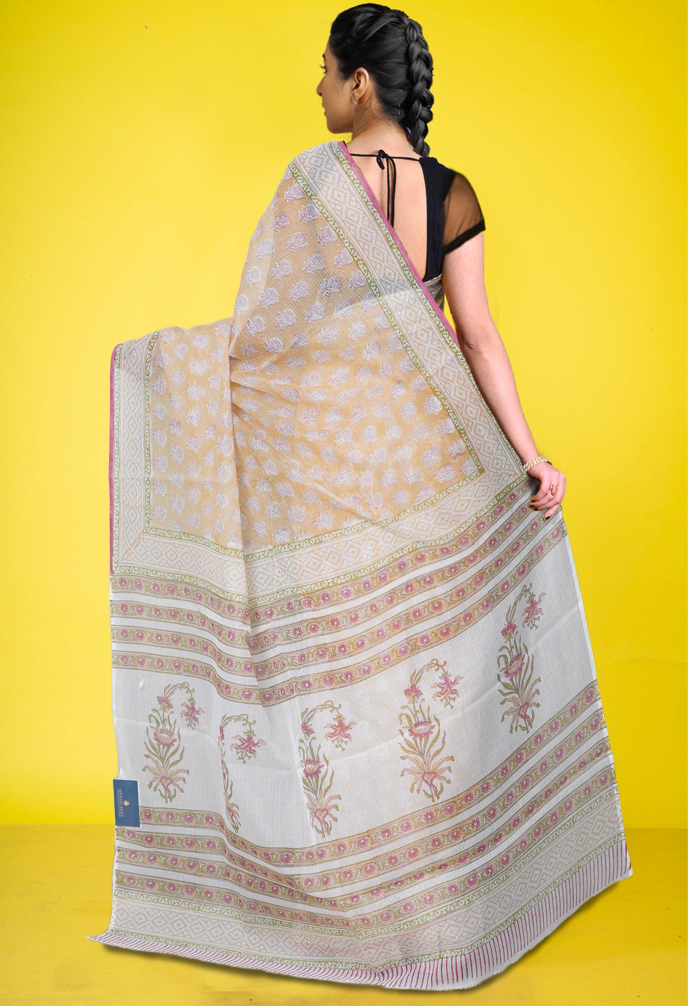 Cream Pure Block Printed Kota Cotton Saree With Cotton Blouse Piece-UNM73280
