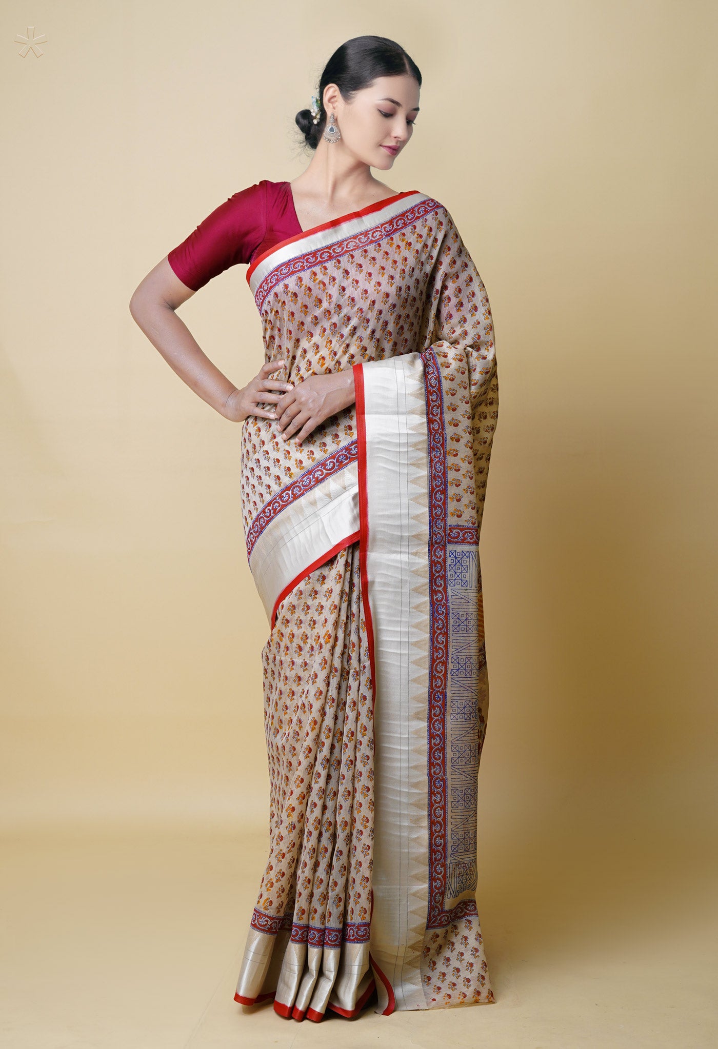Cream Pure Dyed Printed Chanderi Sico Saree-UNM73309