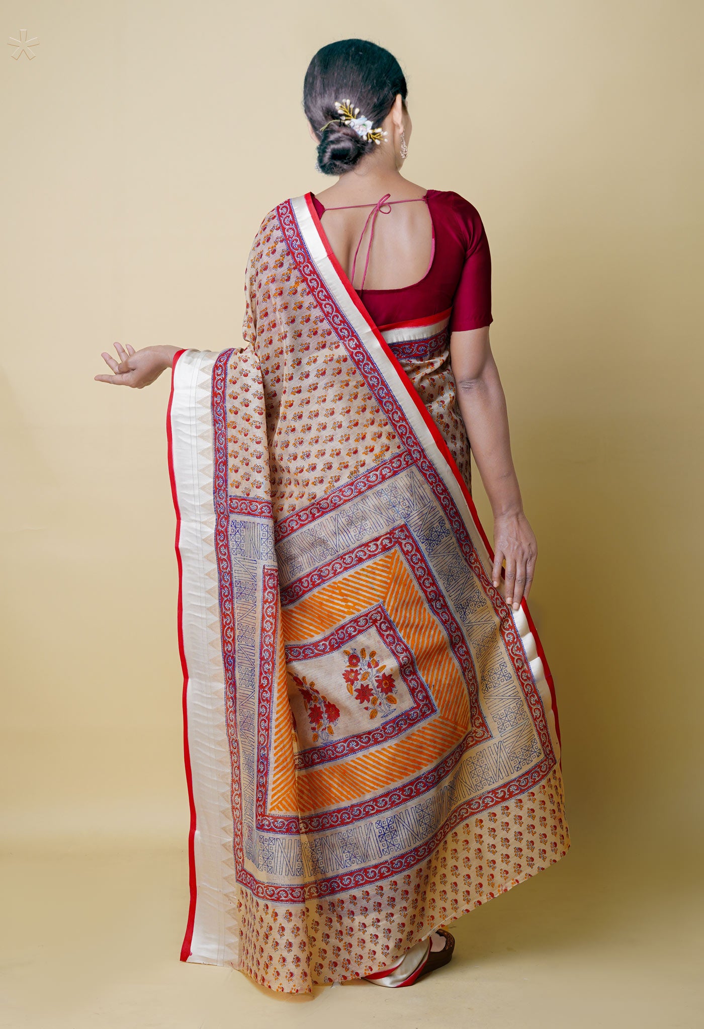 Cream Pure Dyed Printed Chanderi Sico Saree-UNM73309