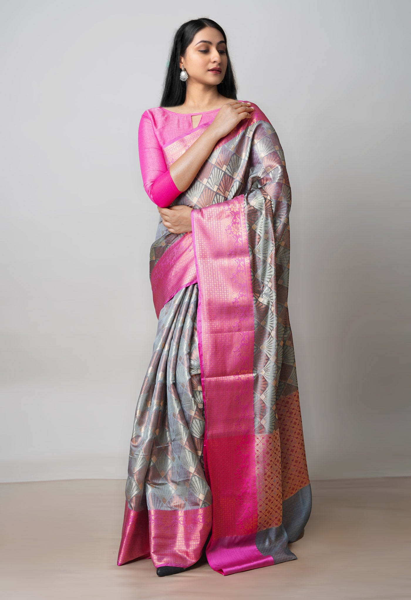 Grey Brocade Banarasi Sico Saree-UNM73366